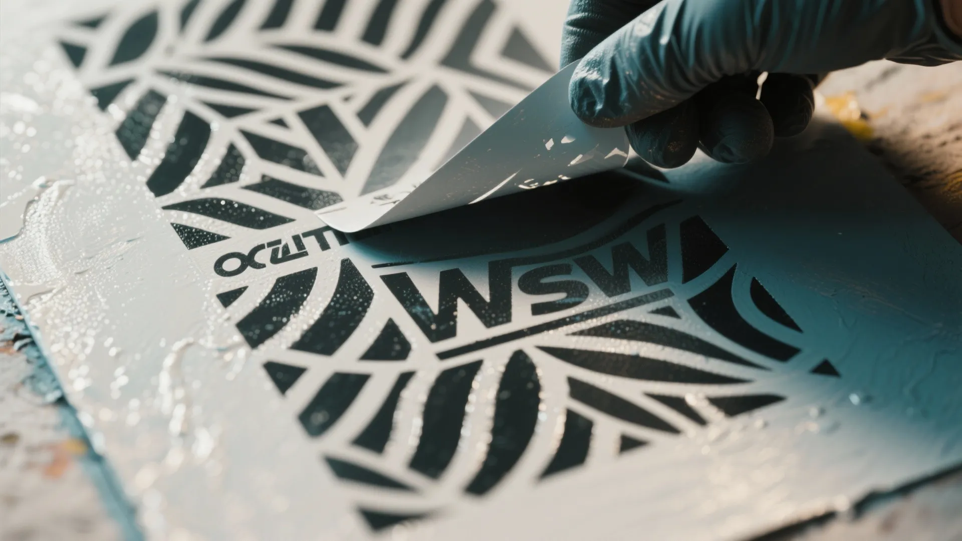 Gloved hand peeling off a stencil to show a black leaf pattern on flat surface