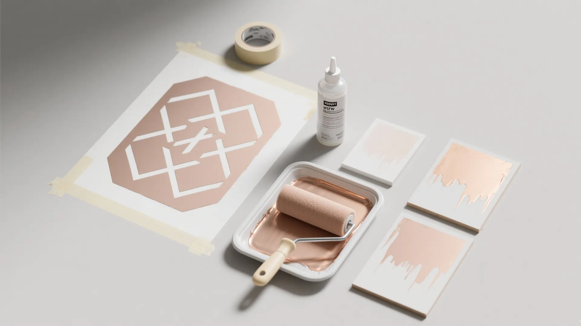 DIY painting tools including bronze paint roller tray tape and stencil patterns on a surface