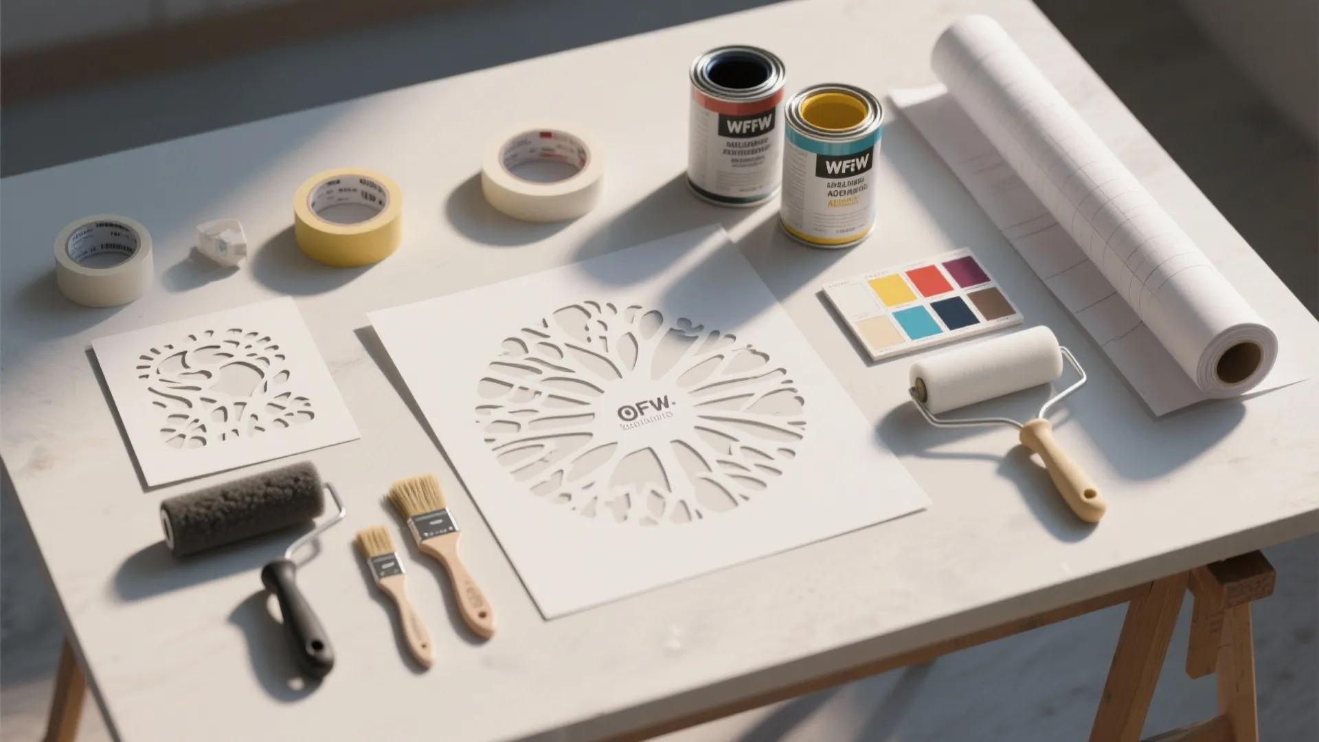 Flatlay of stenciling tools: laser-cut stencils, rollers, brushes, painter's tape, paint cans and sample boards.