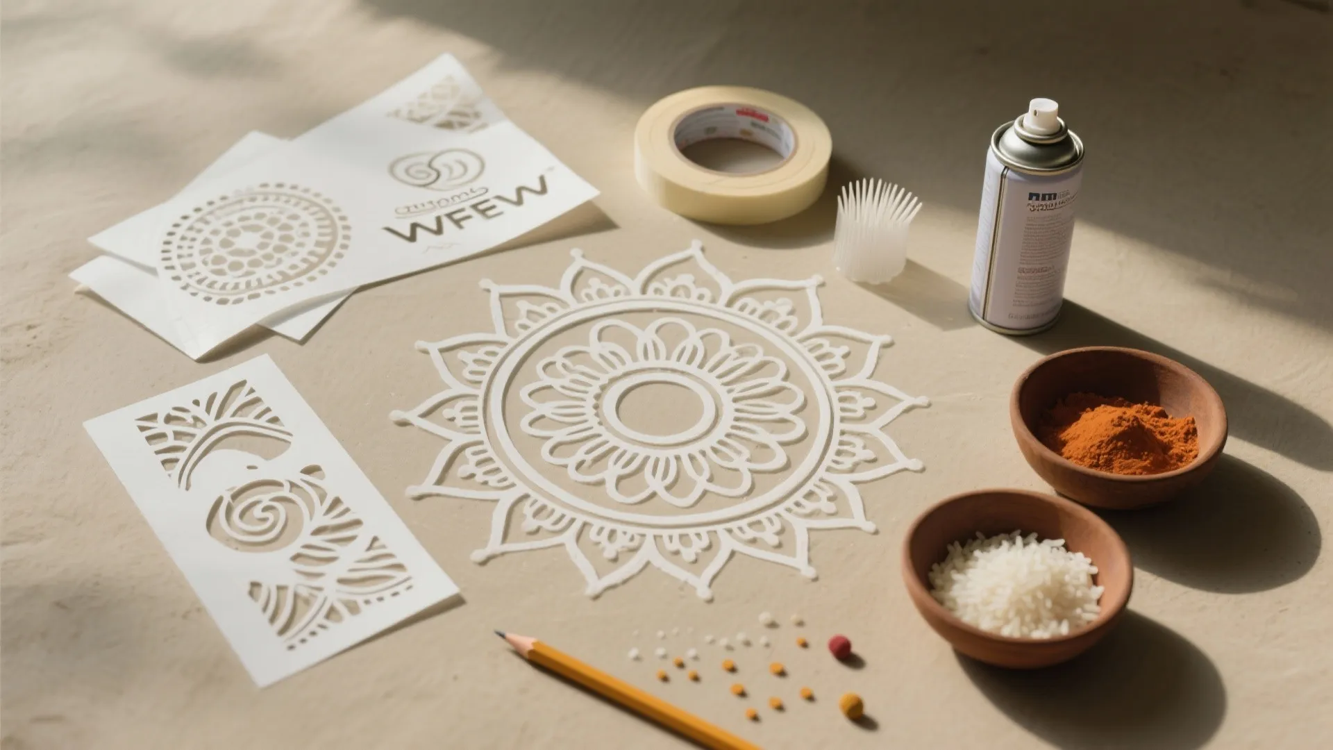 Tile-Friendly Stencil Kolam for Rentals