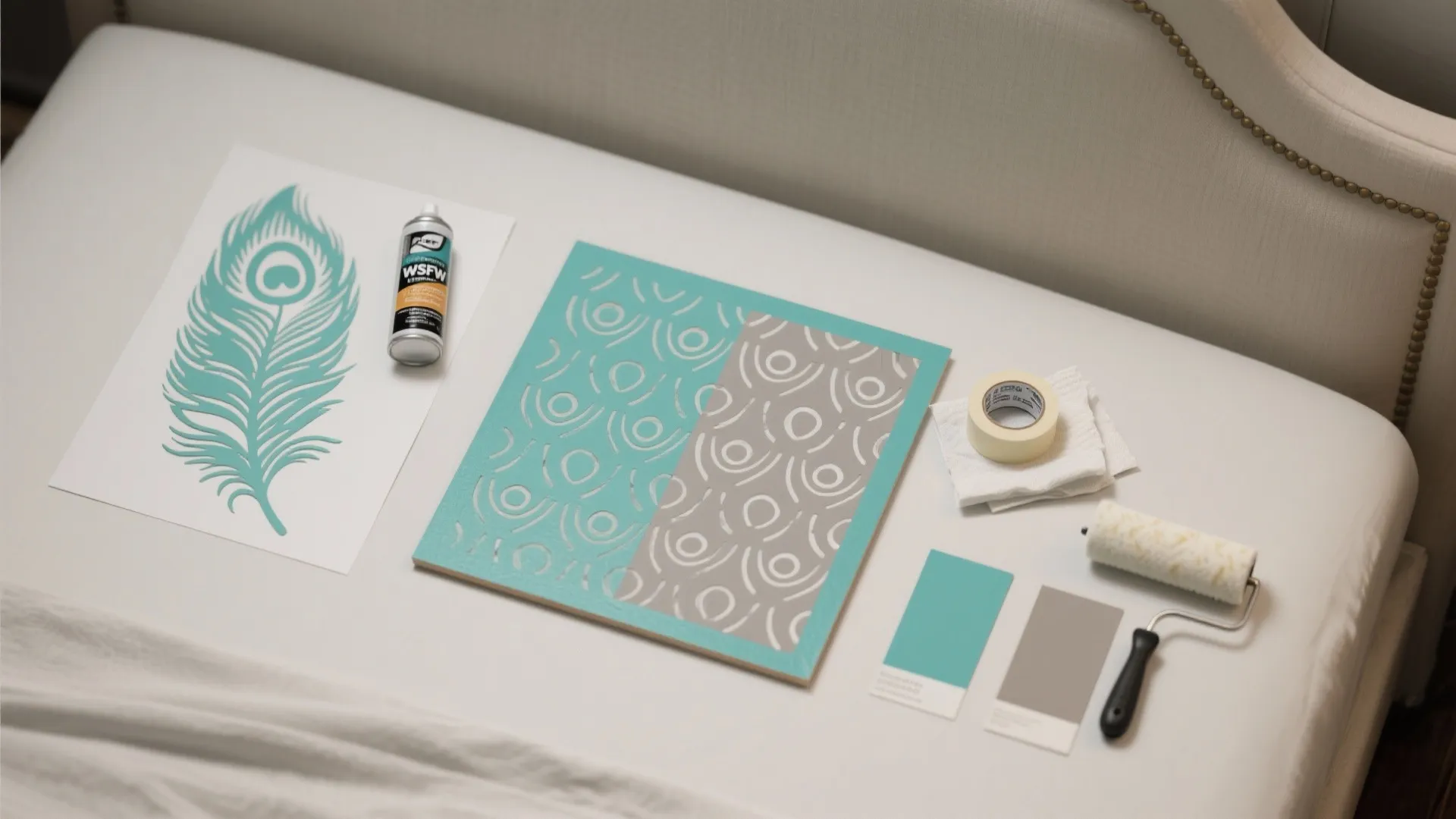 Interior design tools including paint roller tape and feather pattern stencil on white work surface