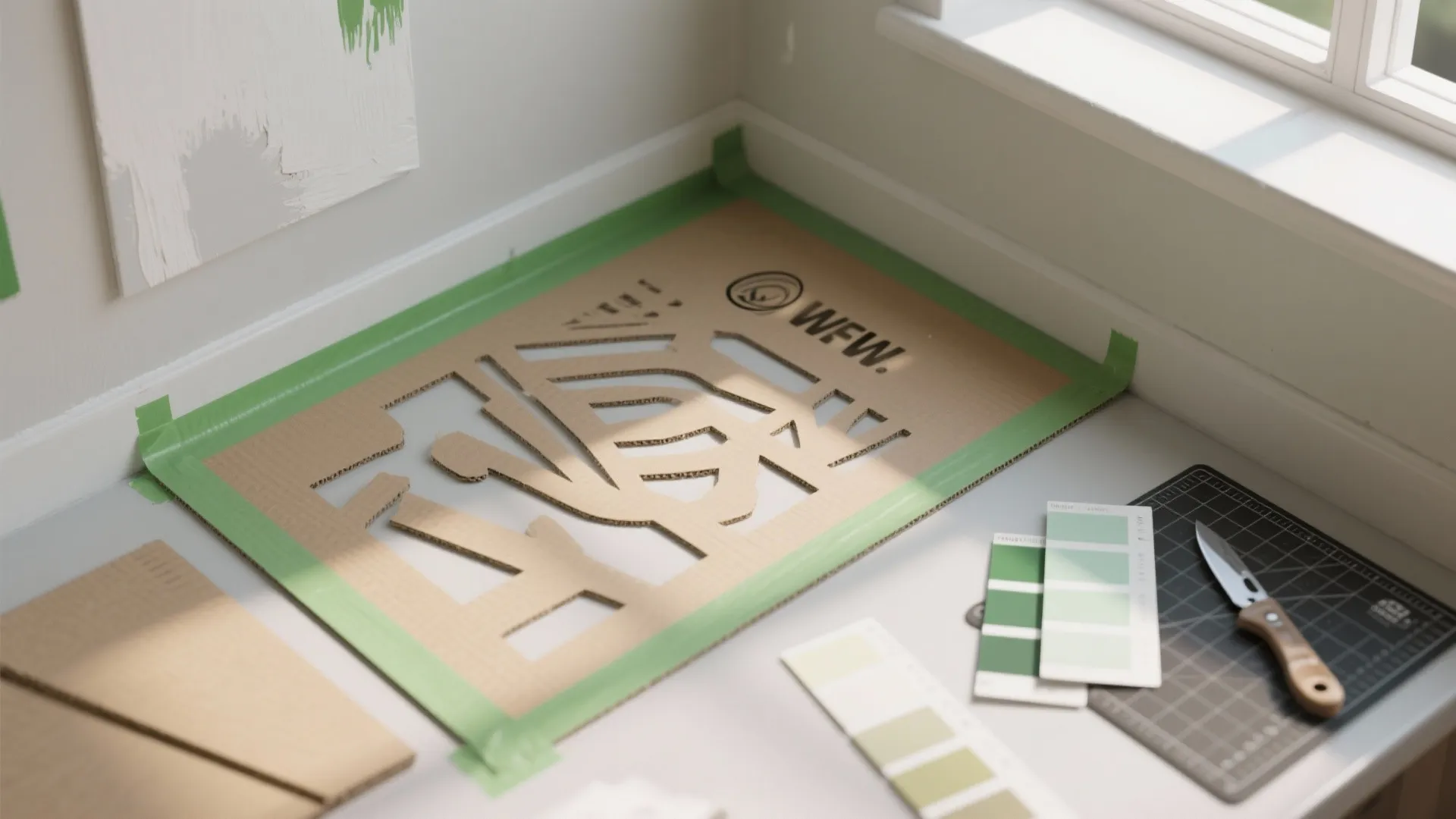Cardboard wall stencil taped to floor with green painters tape and green color paint samples