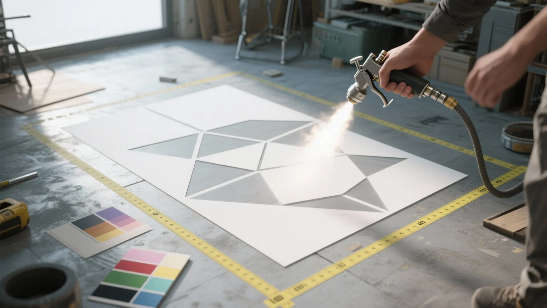 Person using spray gun tool to create geometric pattern on white paper over workshop floor