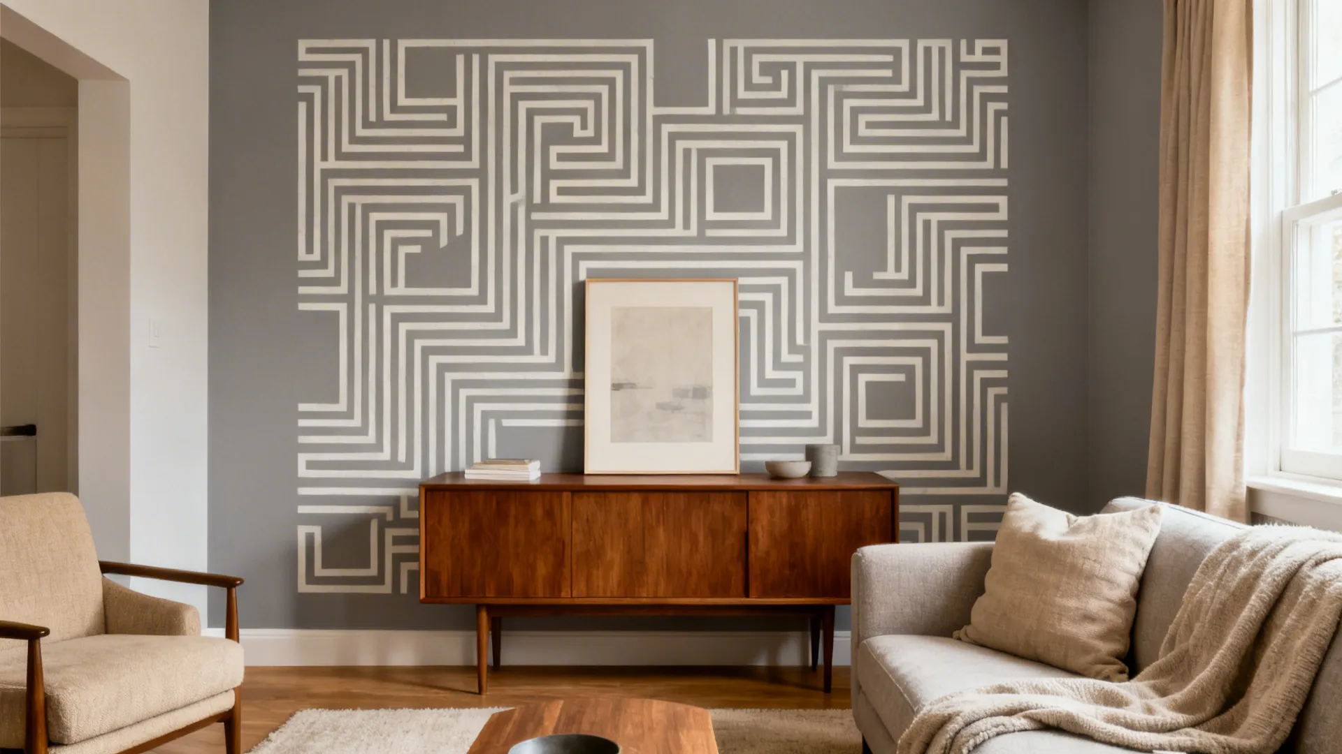 Living room featuring a grey wall with white geometric patterns above a dark wood cabinet