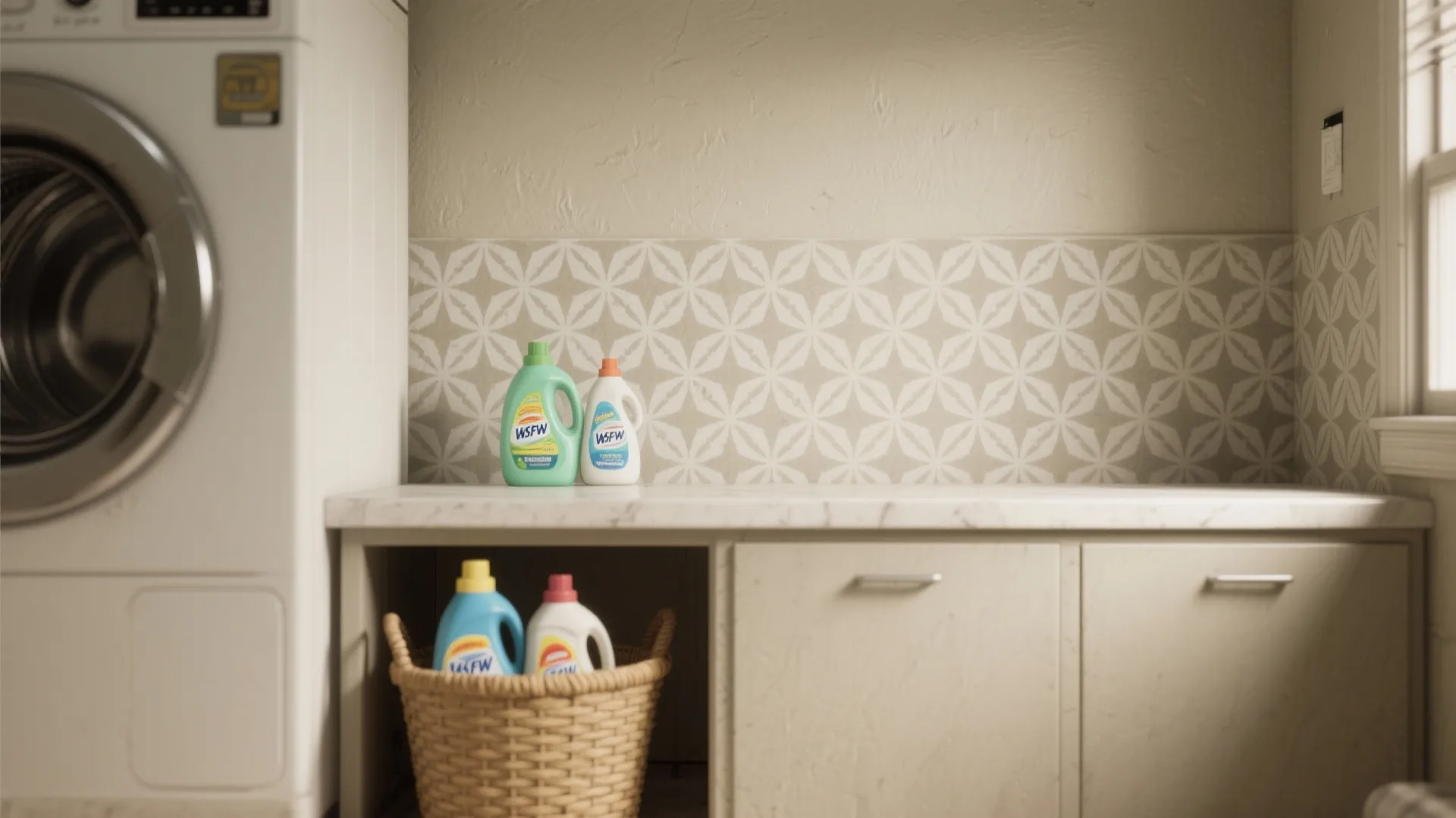 Laundry room counter with patterned wall tile holding soap bottles next to a woven laundry basket