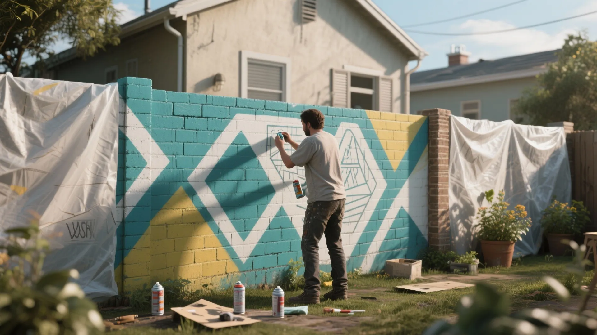 Man painting geometric patterns on a brick garden wall using blue and yellow spray paint cans