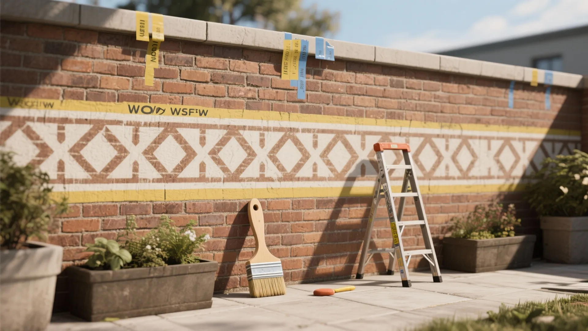 Brick wall with painted white diamond patterns featuring a small metal ladder and large brush