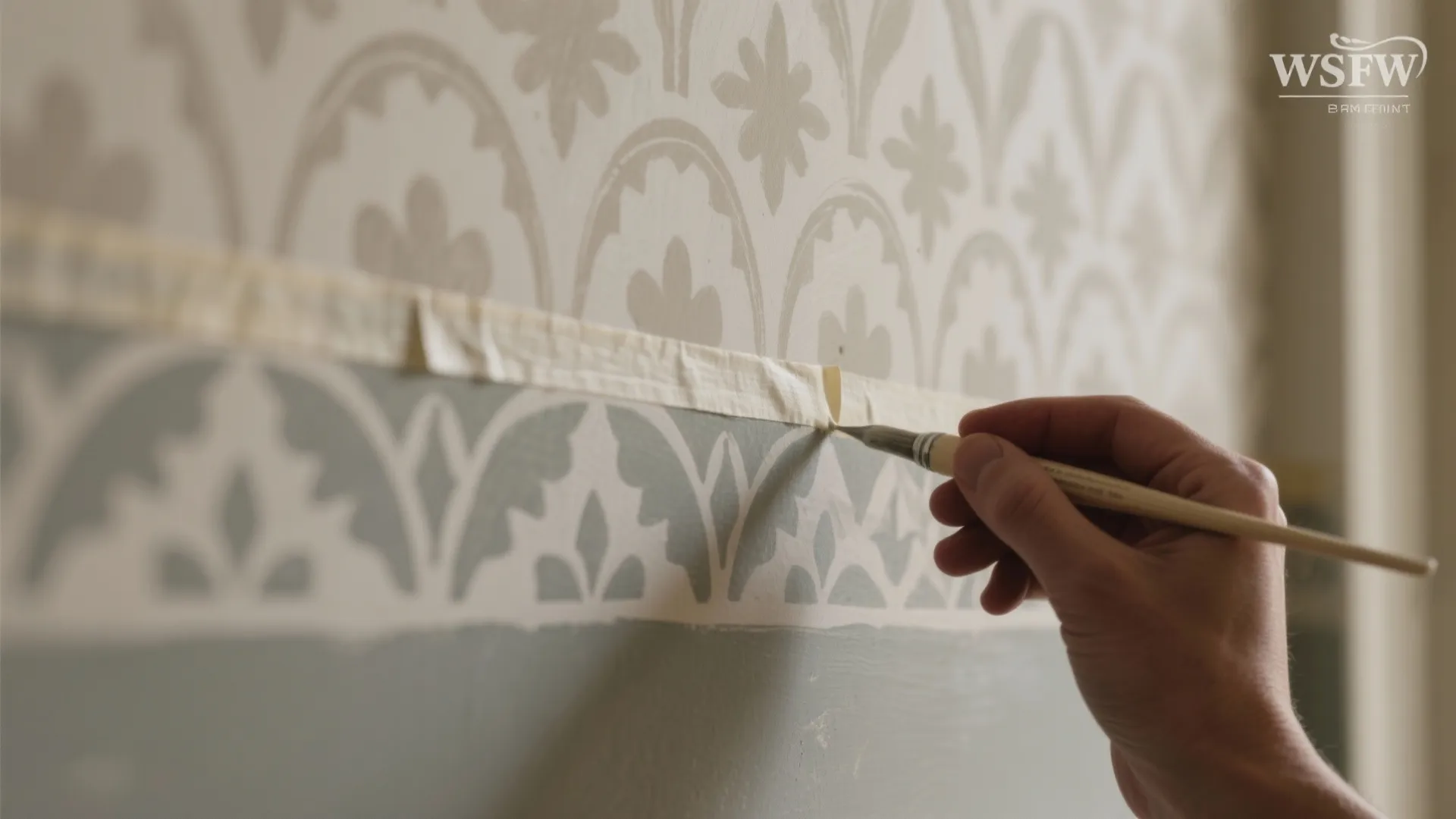 Person painting floral pattern on wall using small brush and white masking tape for decoration
