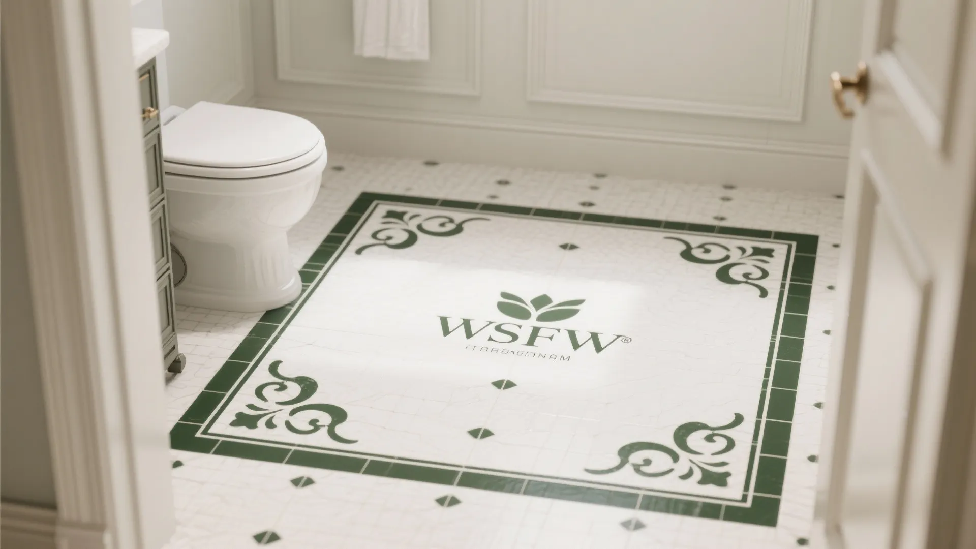 Elegant bathroom view through doorway featuring white floor with green border design and logo detail