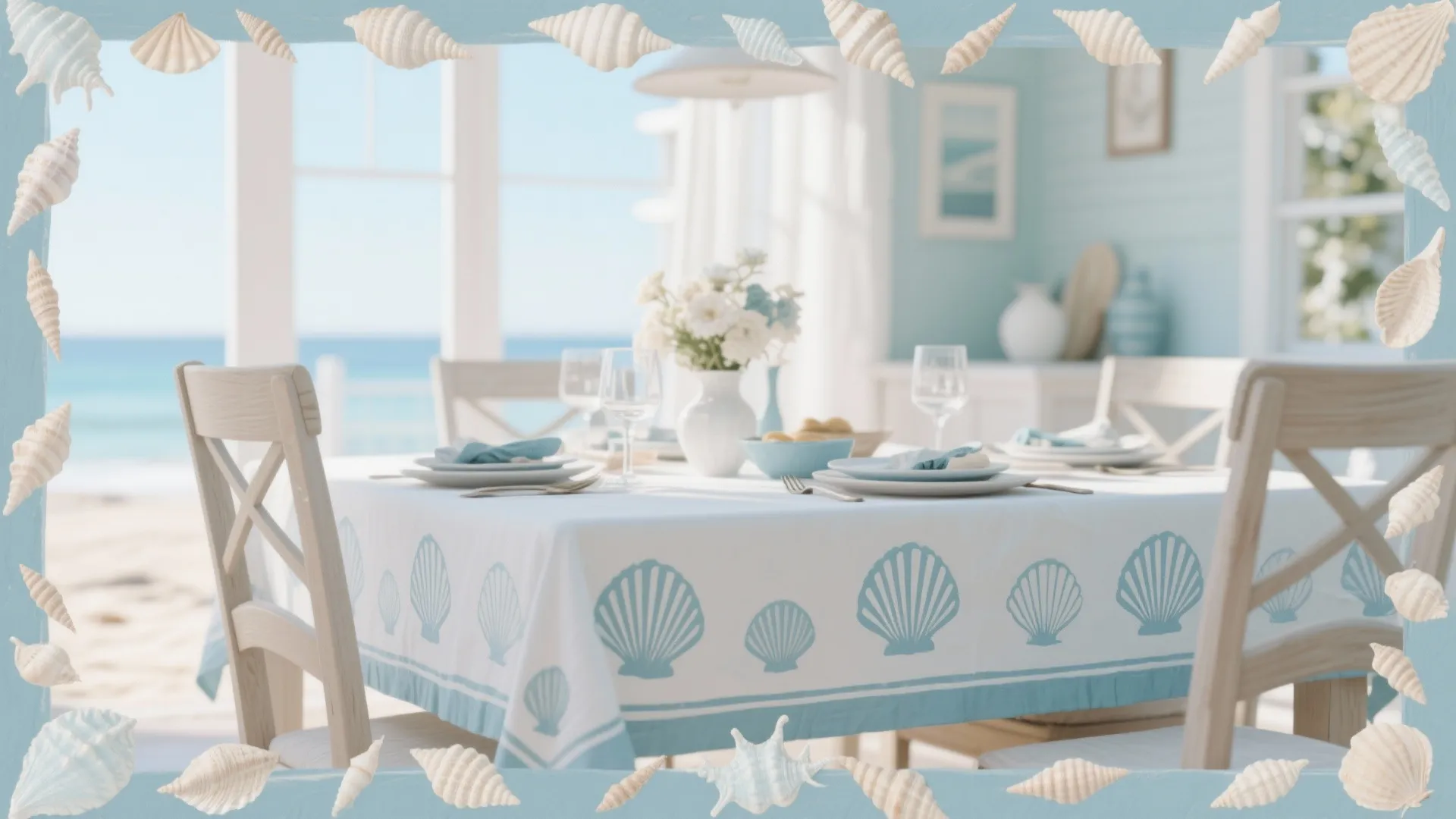 Dining table with seashell stenciled border in coastal style