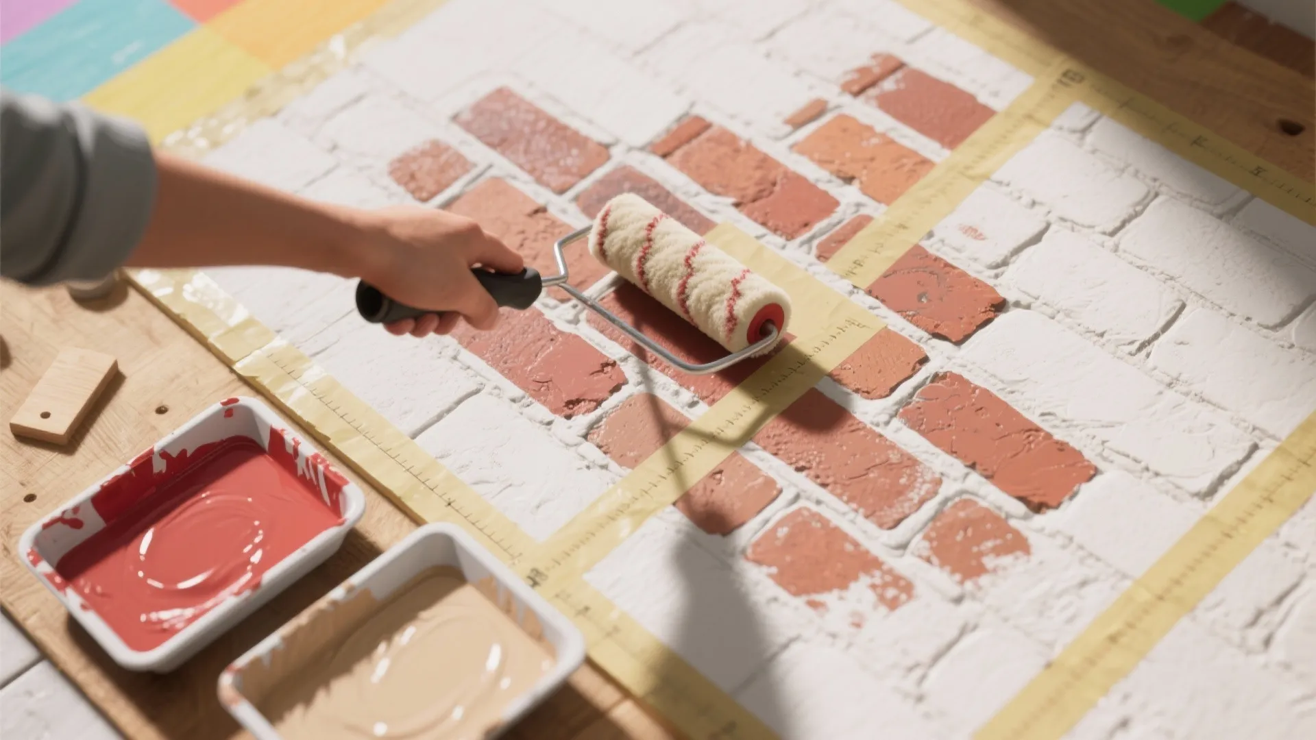 3. Stenciled brick with joint lines: budget-friendly and artistic