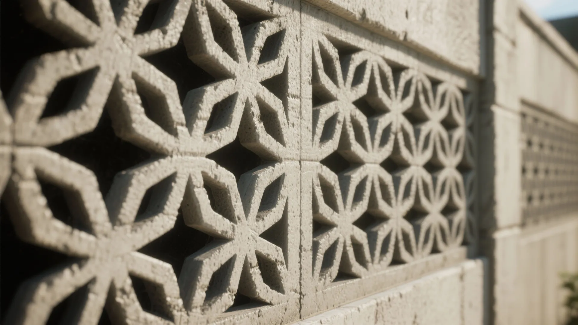 Close up of a decorative cement wall with star shaped cutout patterns under soft sunlight