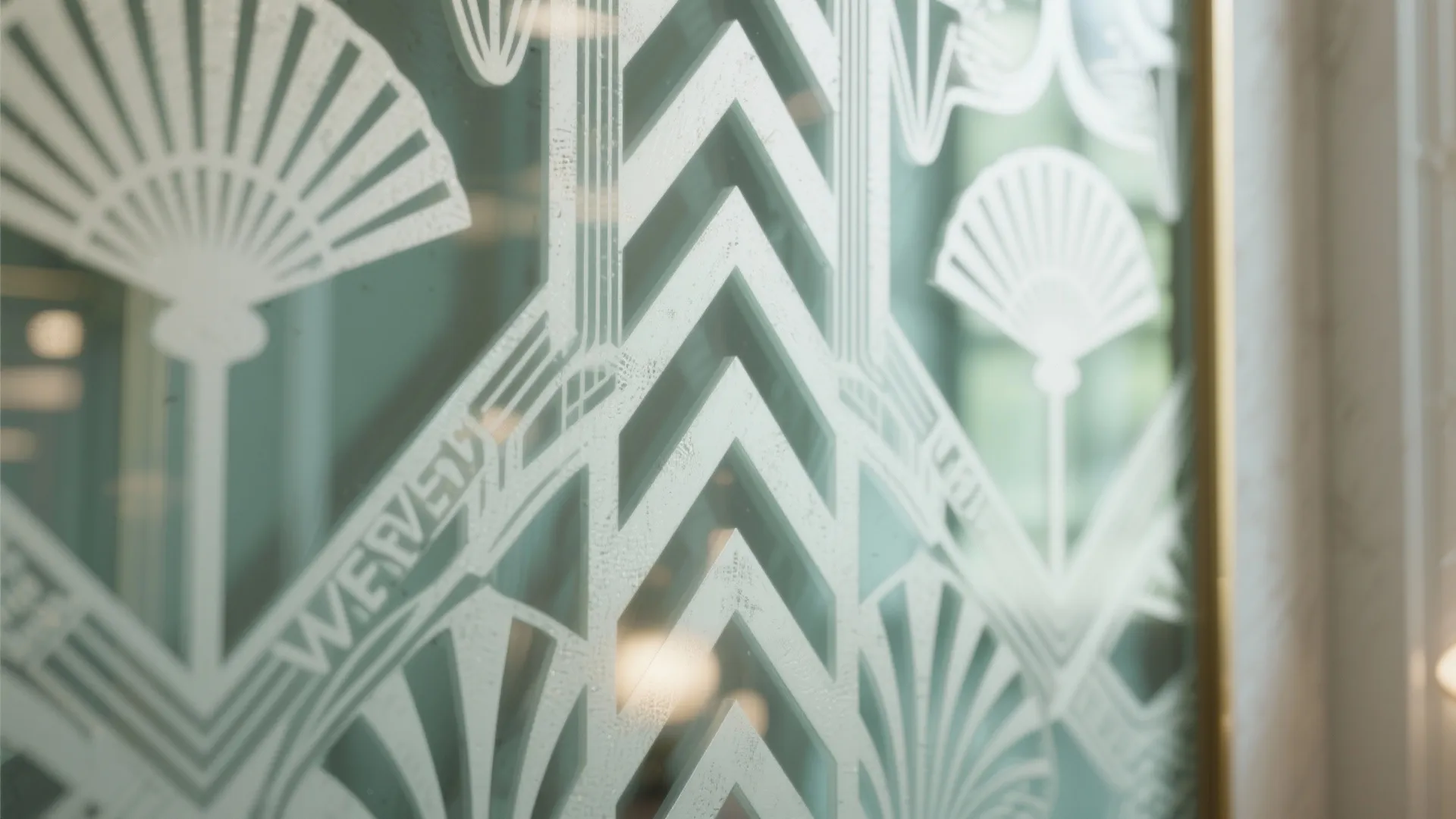 Close-up of translucent Art Deco stencil motifs on a mirror allowing reflections to show through.