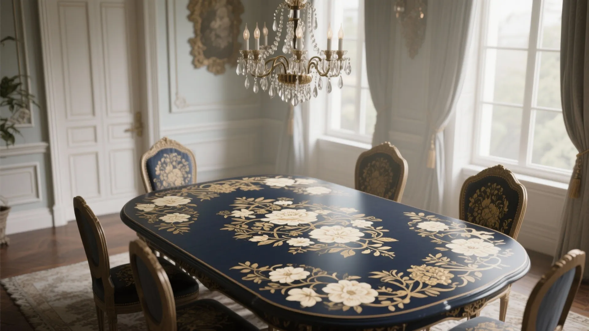 Dining table with intricate floral stenciled patterns in gold