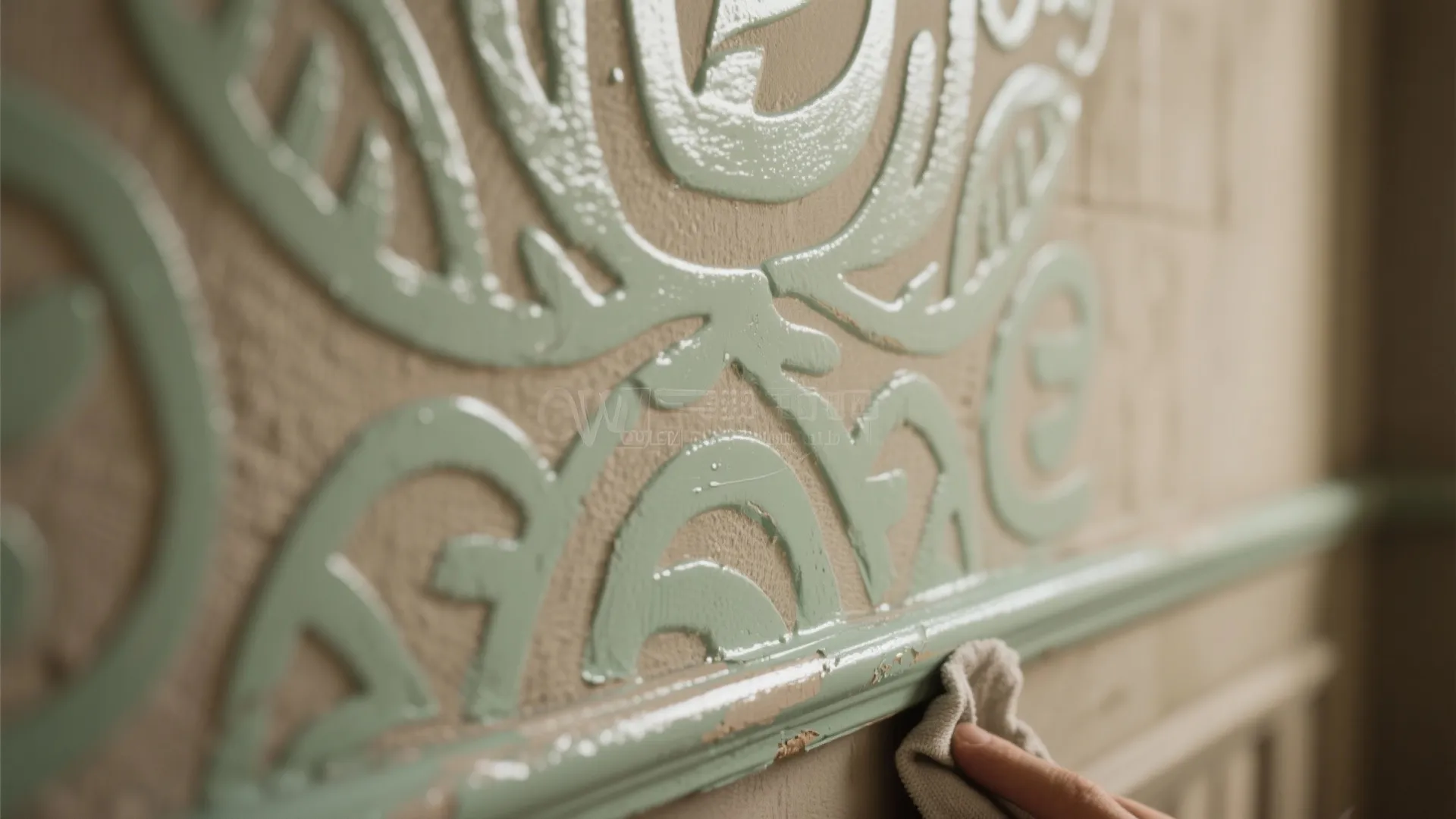Hand cleaning a green pattern on a wall panel with a small cloth in detail