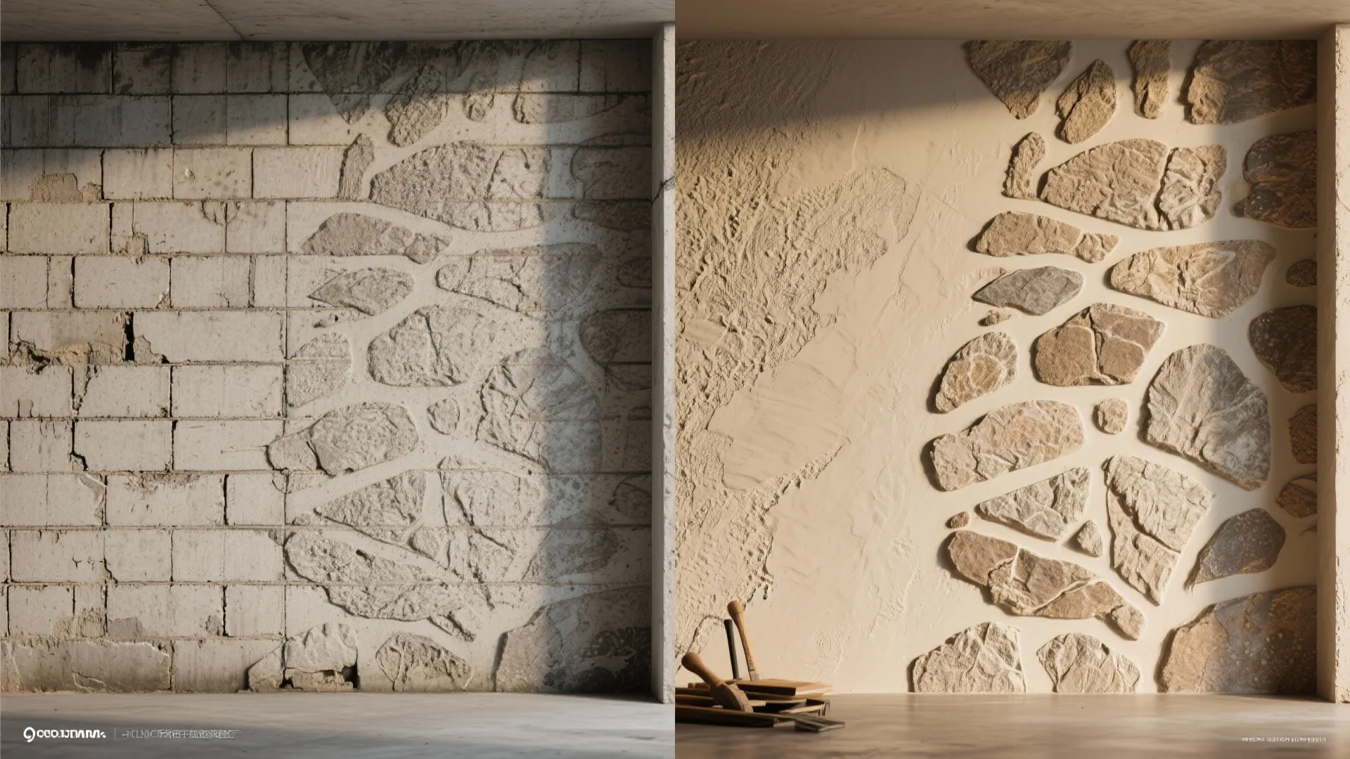 Before and after comparison of a plain brick wall versus a decorative faux stone finish
