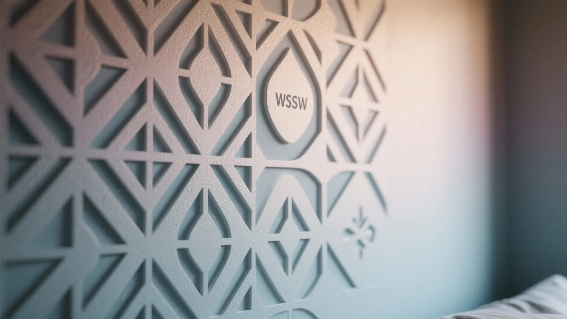 Close up view of light blue wall panel with geometric patterns and soft warm natural lighting
