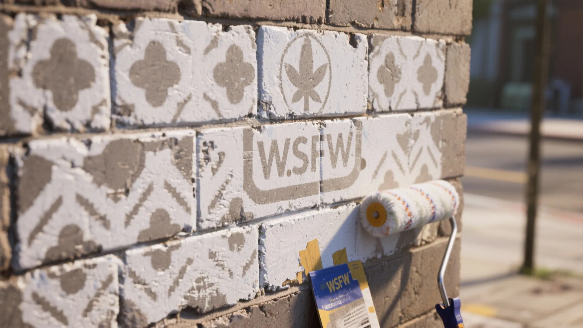 Using a paint roller to apply white pattern design onto a brown brick wall for decoration