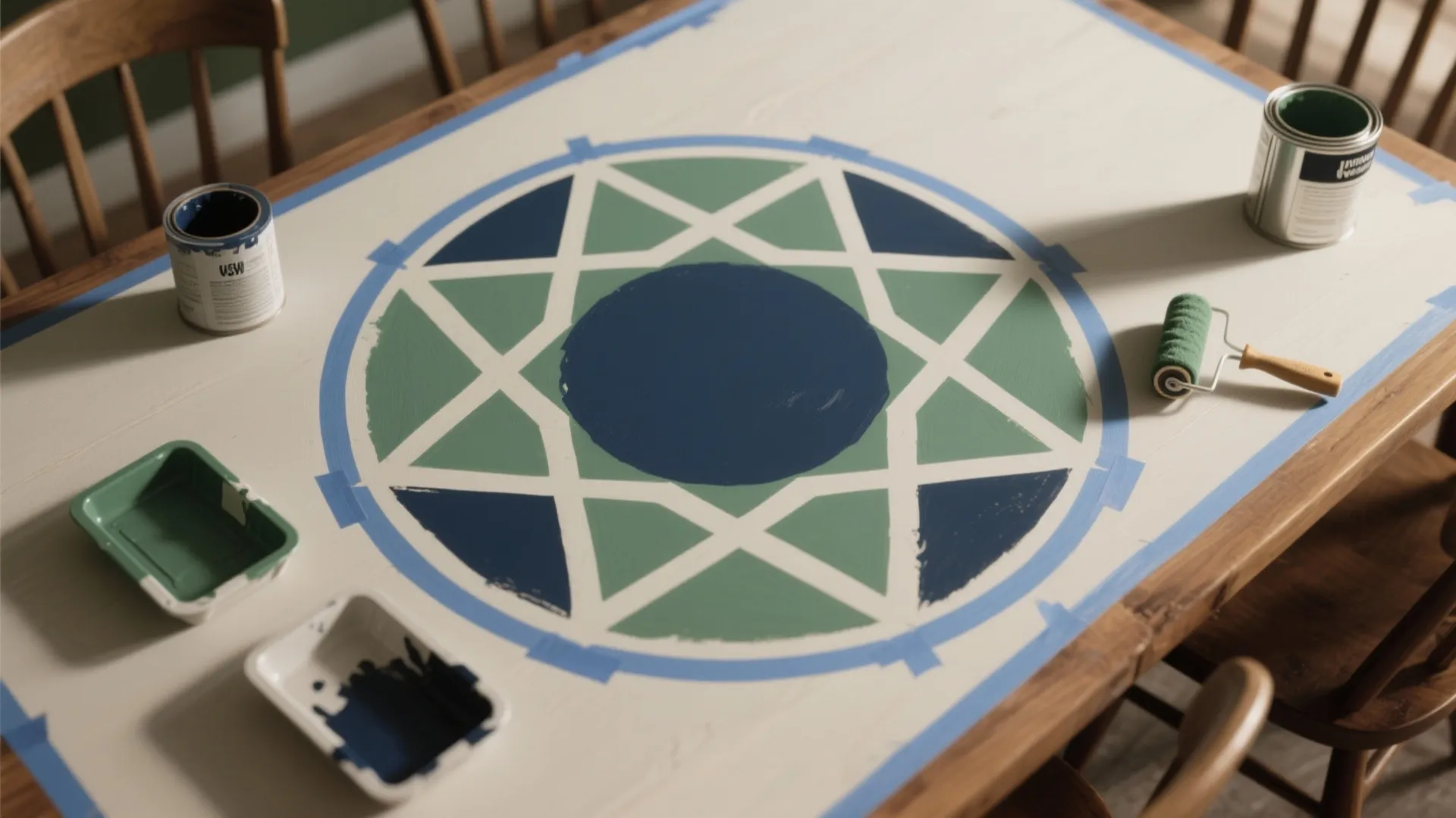 Wooden table top being decorated with a blue and green geometric star pattern using paint