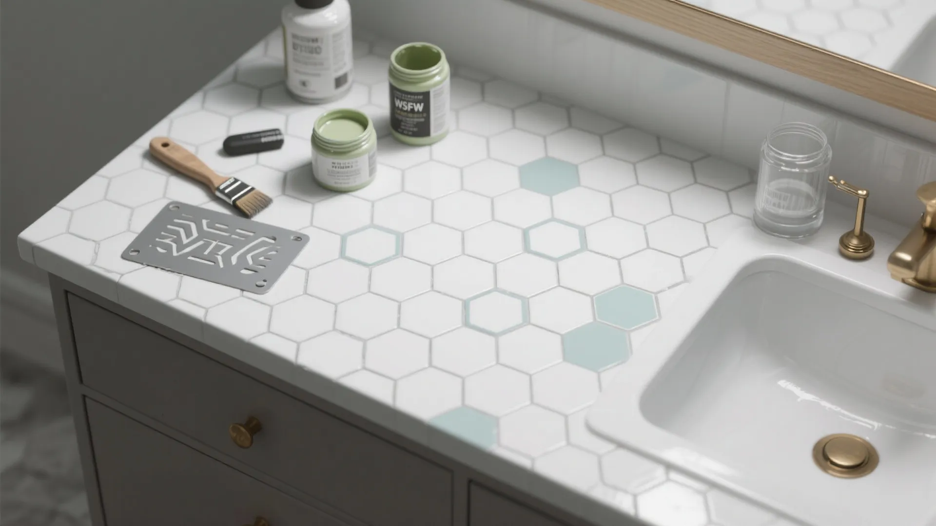 Bathroom counter with white hexagon tiles paint jars small brush and a metal stencil tool