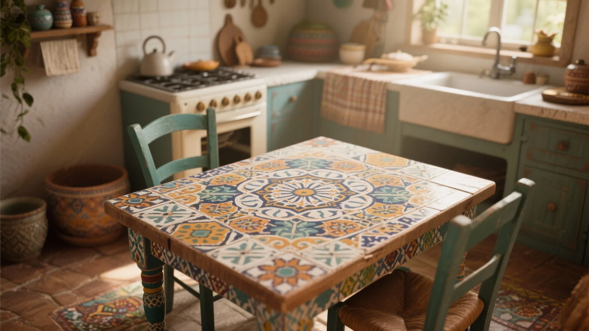 Bohemian style kitchen showing a wooden table with colorful pattern tiles and green wooden chairs