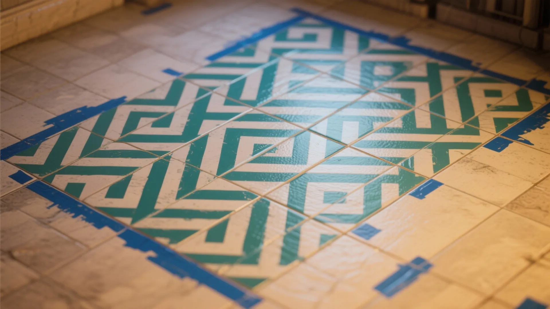 Tiled floor with green geometric patterns and blue painter tape during a DIY renovation project