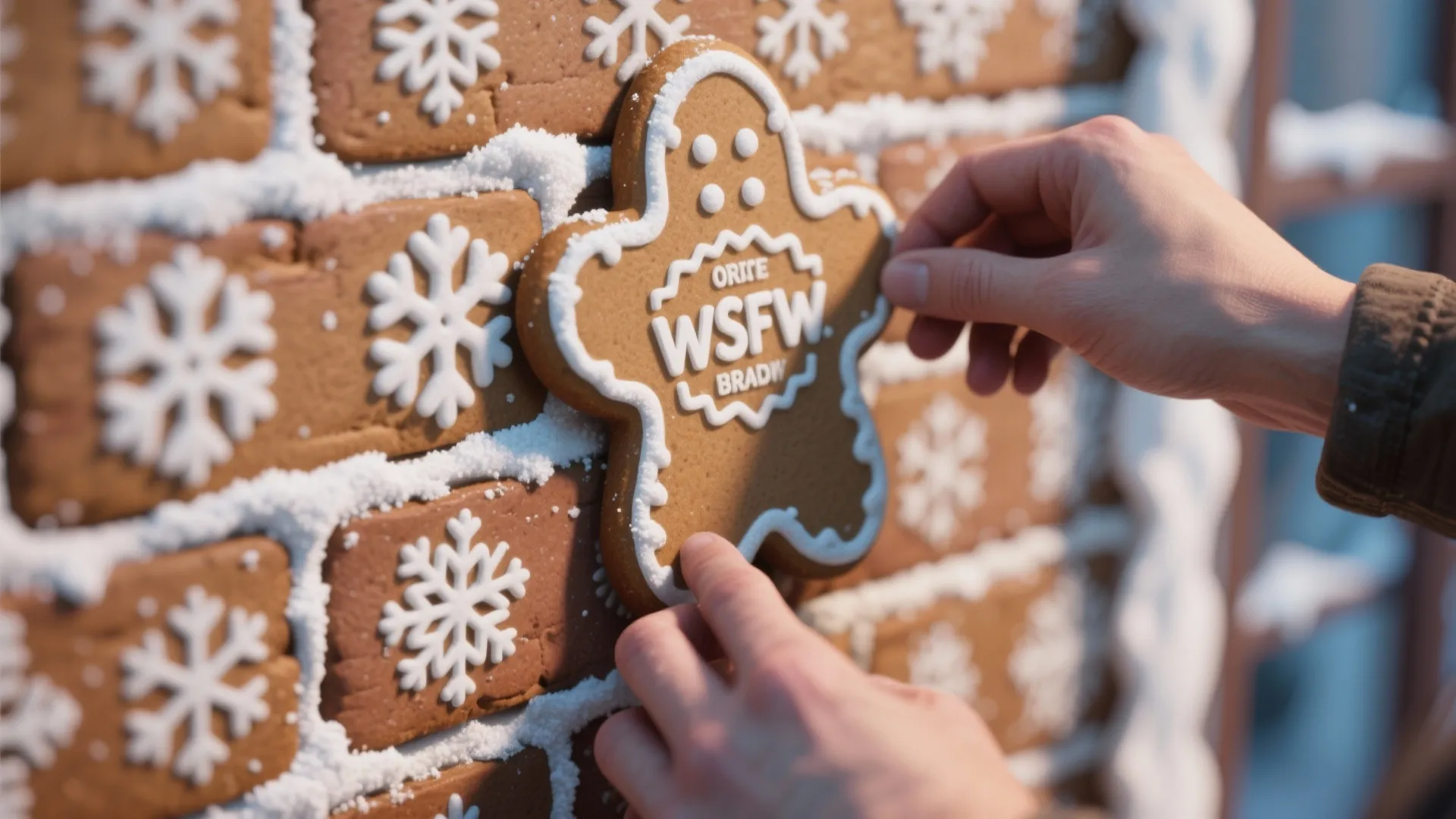 Hands placing a gingerbread man cookie onto a wall made of rectangular cookies and snowflakes