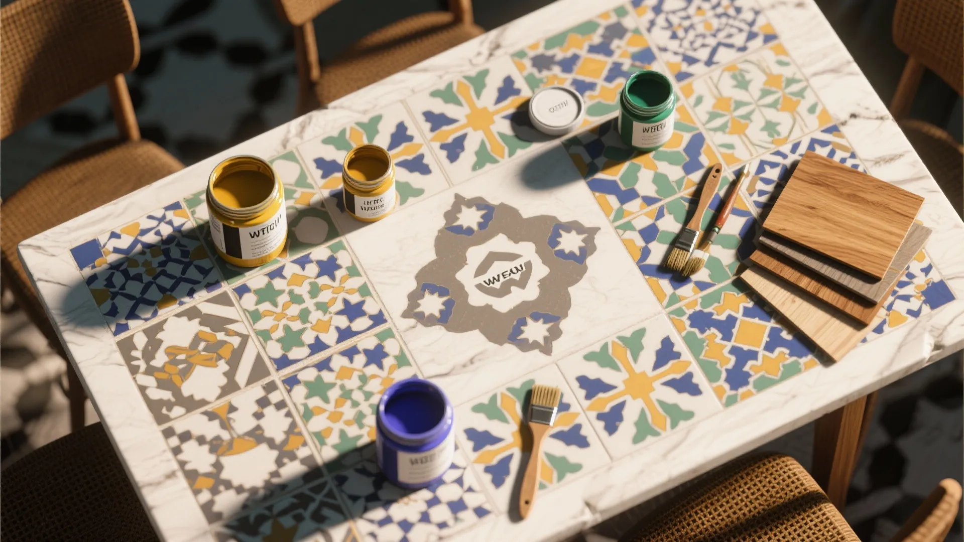 Creative workspace showing table with tile patterns paint jars brushes and various wood material samples