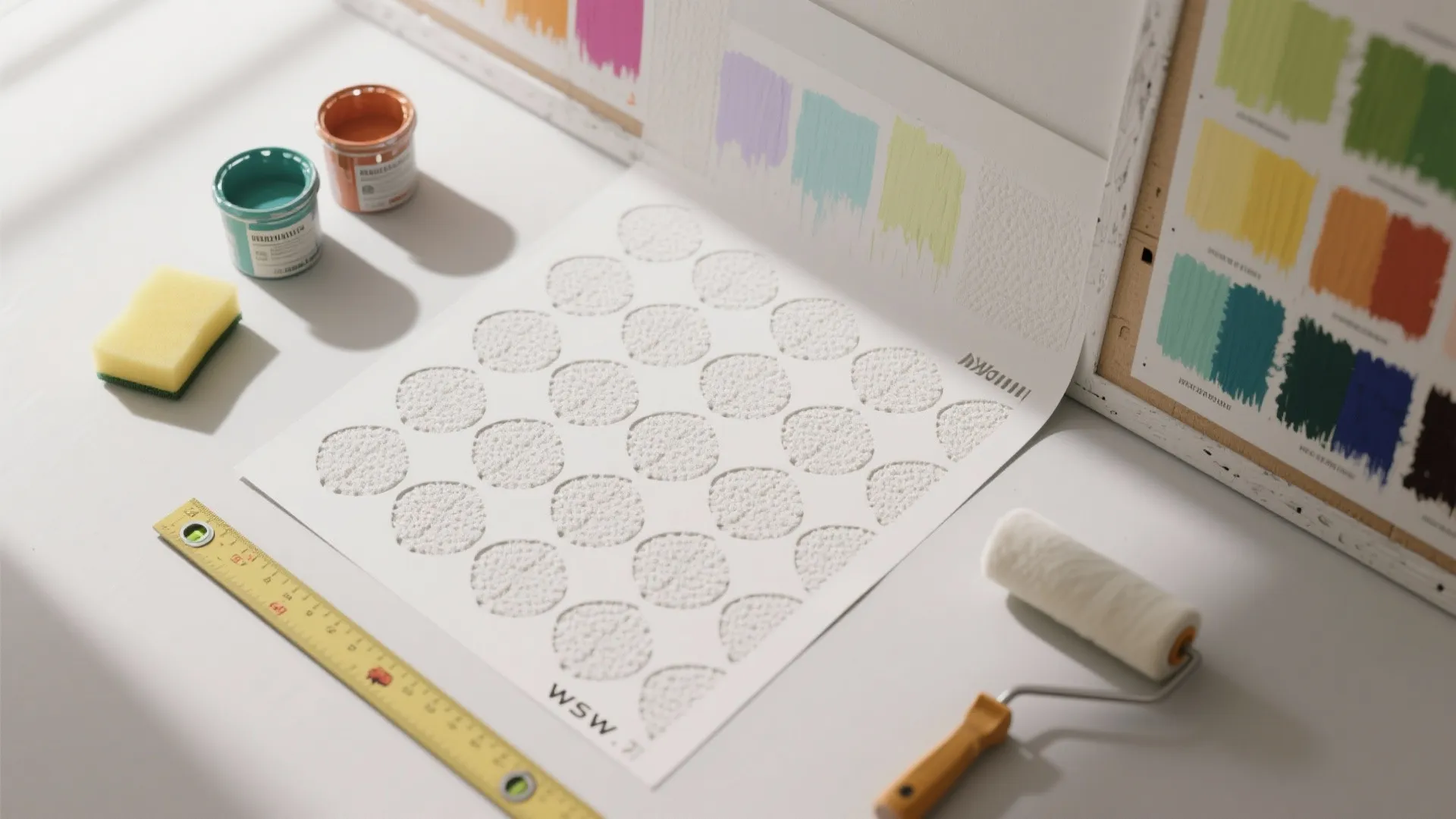 White sheet with round wall patterns next to paint jars, a roller, and yellow ruler