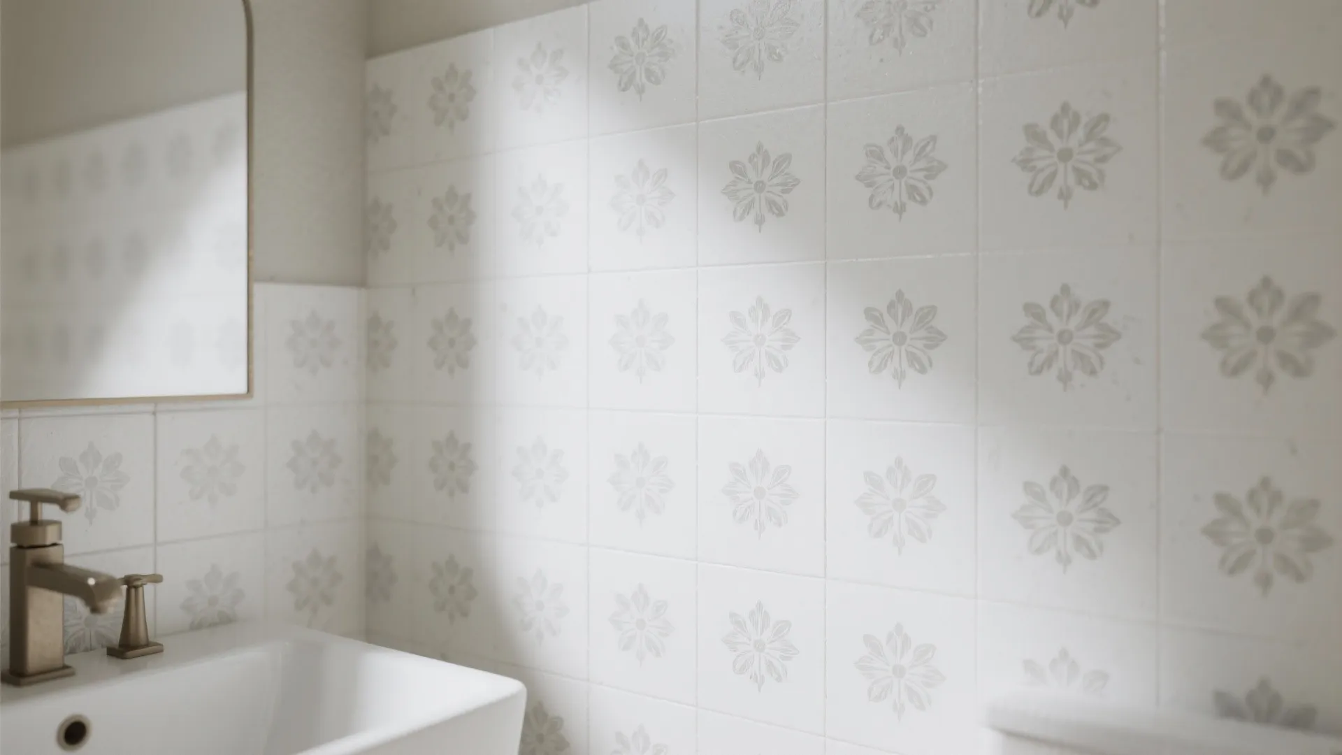 Close up of white bathroom wall tiles with grey flower patterns next to a sink