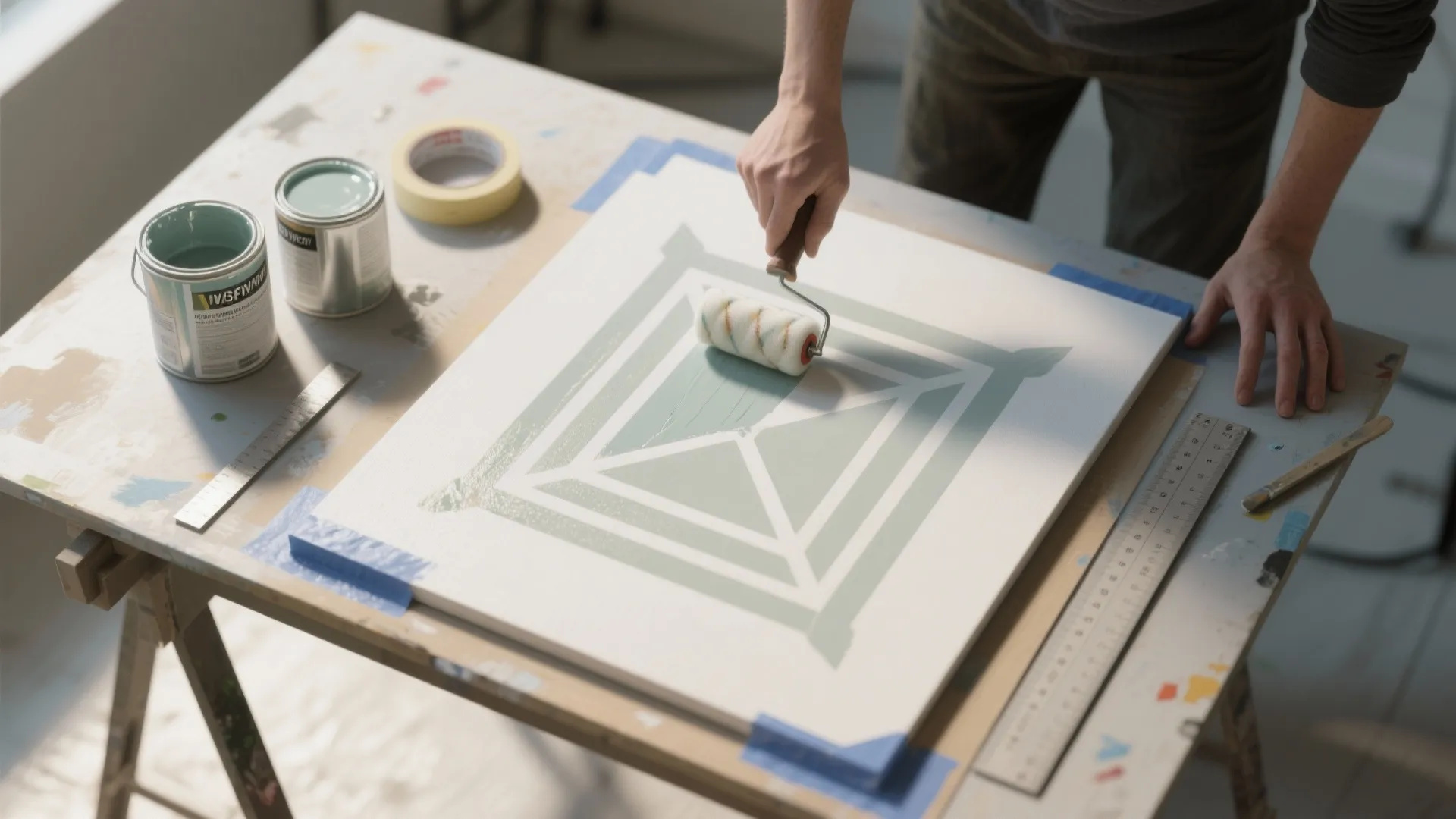 Person using a paint roller to apply green paint onto a square white table surface