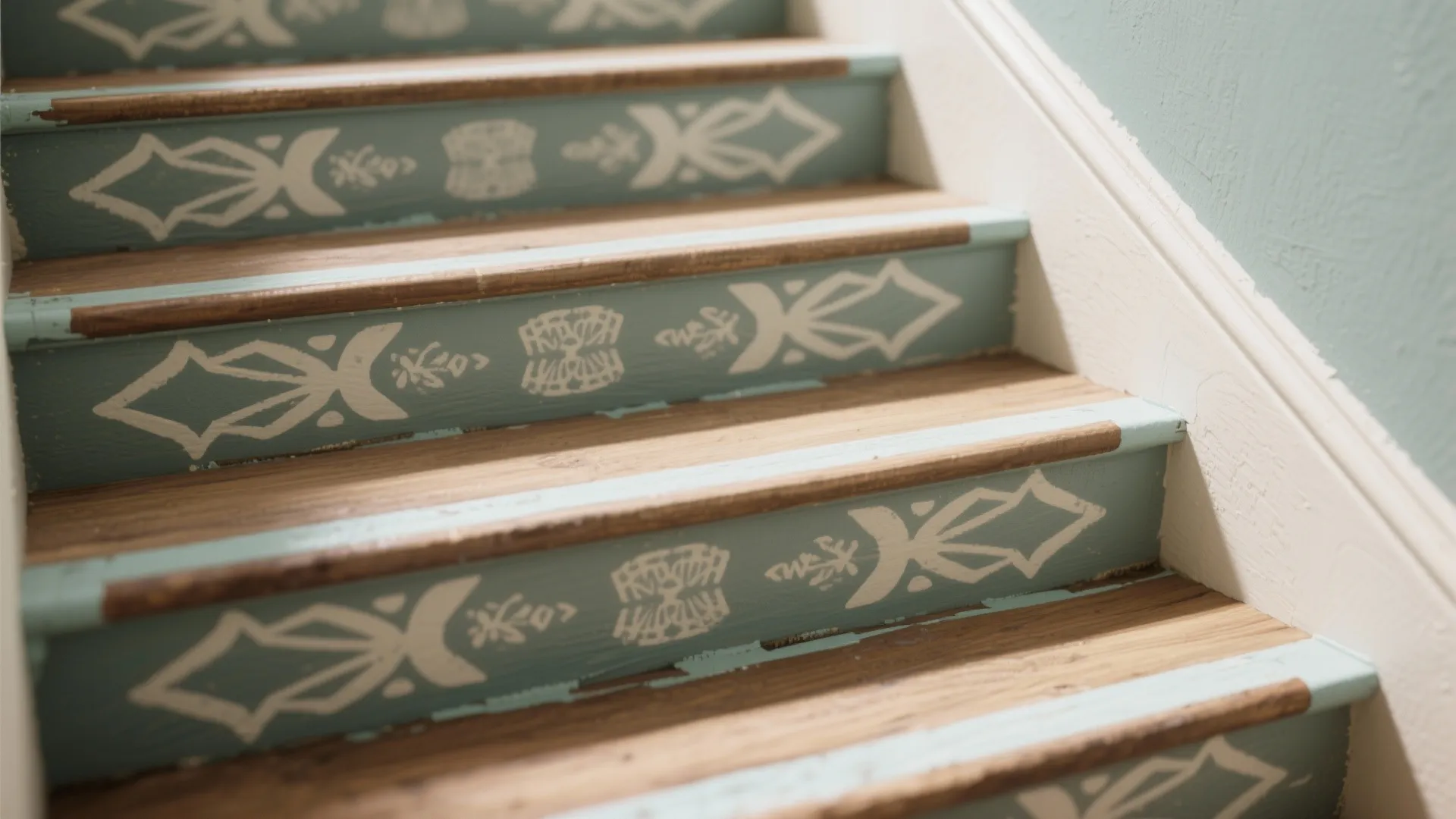 Wooden stairs featuring light blue painted risers with white patterns next to light blue wall