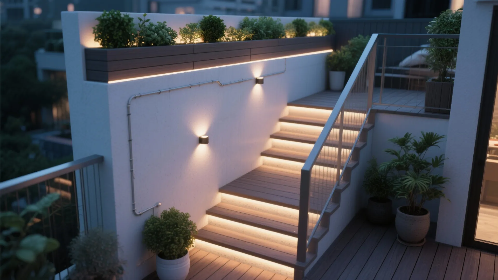 Tiny multi-level terrace with low-mounted step sconces creating ambient glow and safe circulation.