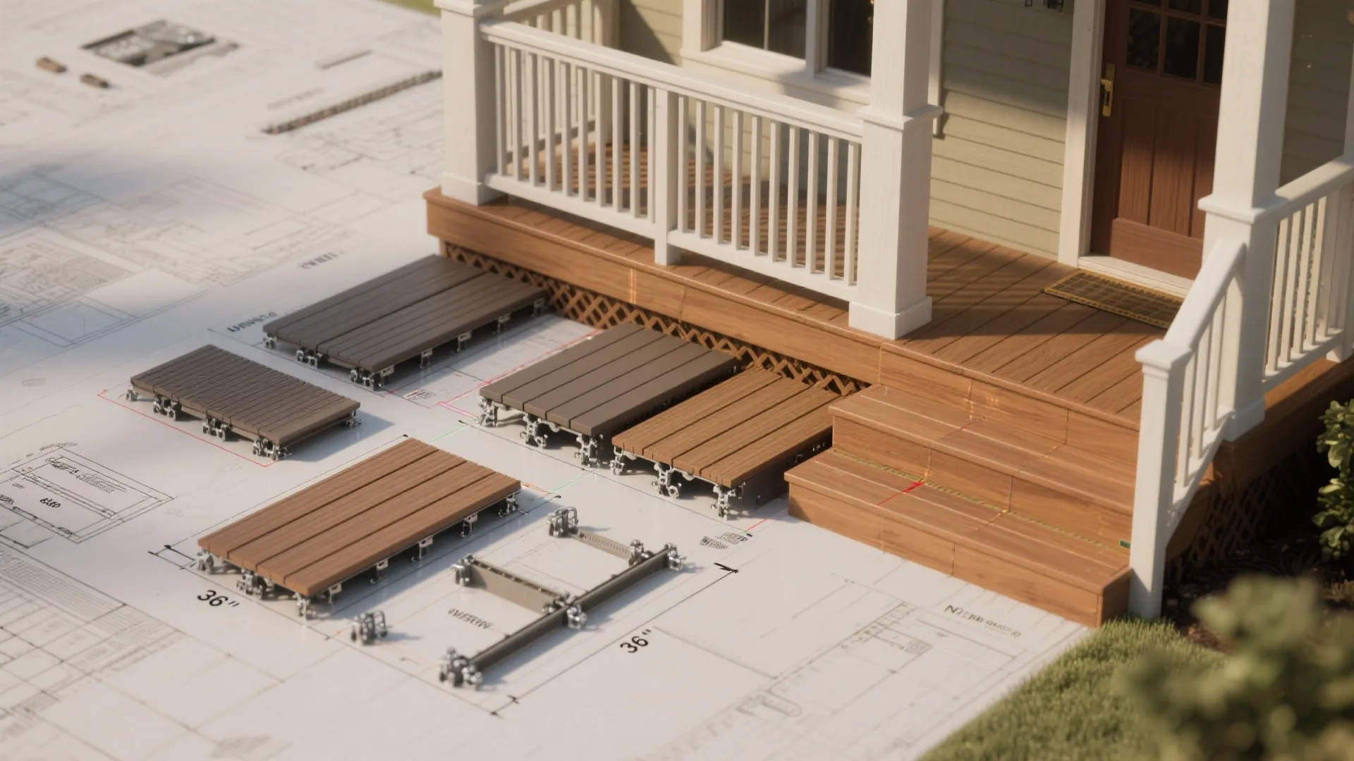 House porch steps and wooden deck pieces being organized on top of a floor plan layout