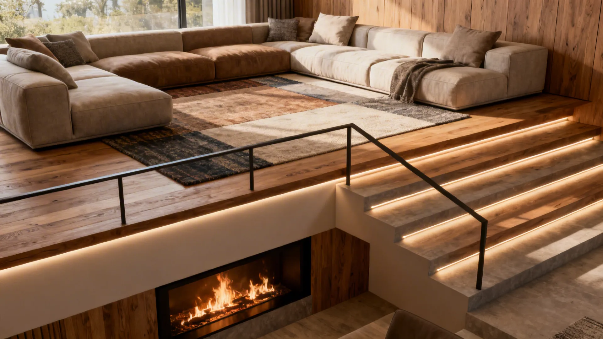 Intimate step-down seating zone with deep sofas, layered rugs, fireplace and LED step lights.