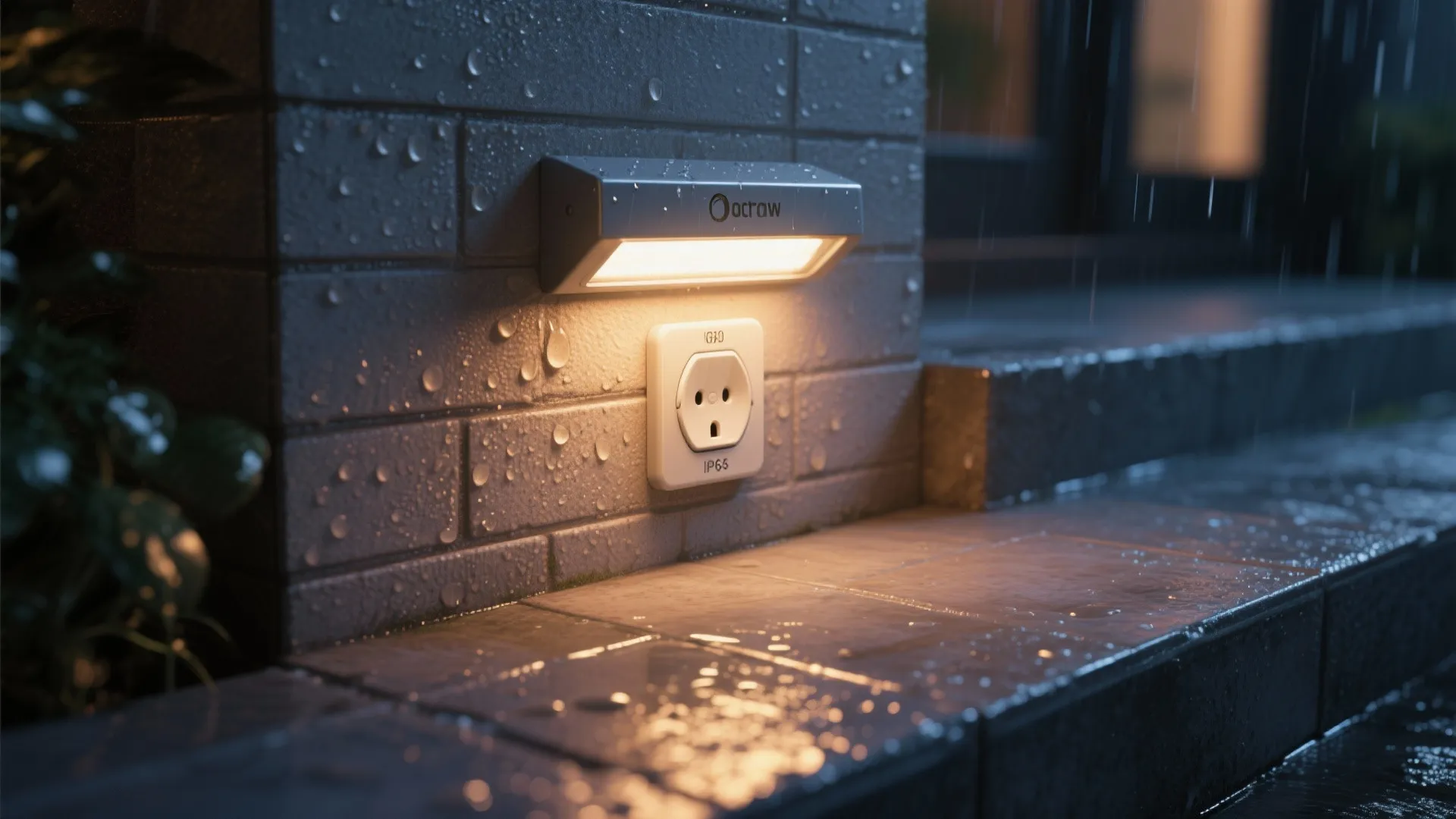 Waterproof outdoor wall light shining above a power socket on grey brick wall during rain