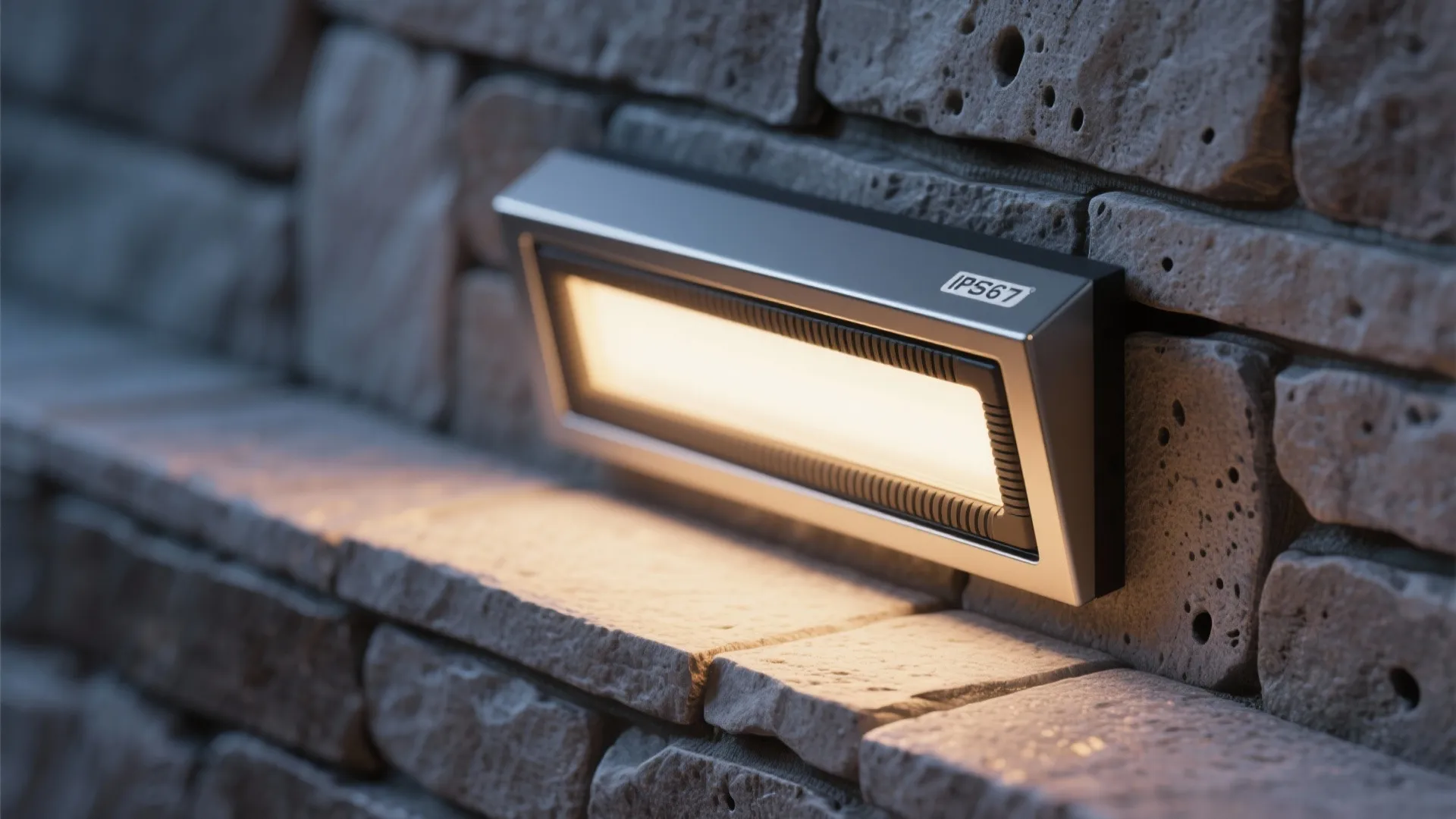 Recessed step lights along the base