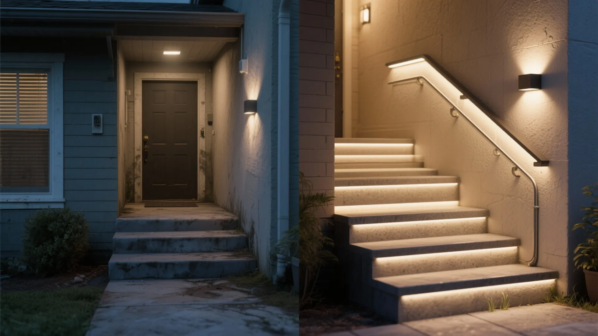 Before and after comparison showing dark outdoor stairs versus bright stairs with integrated led strip lighting