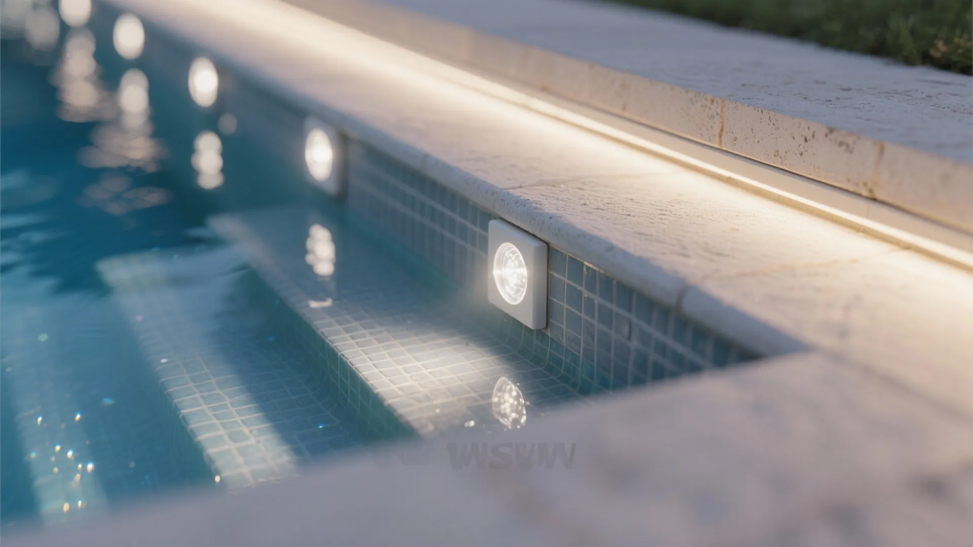 Close-up of frosted micro-spot LED at a pool step riser softly marking the edge for safety.