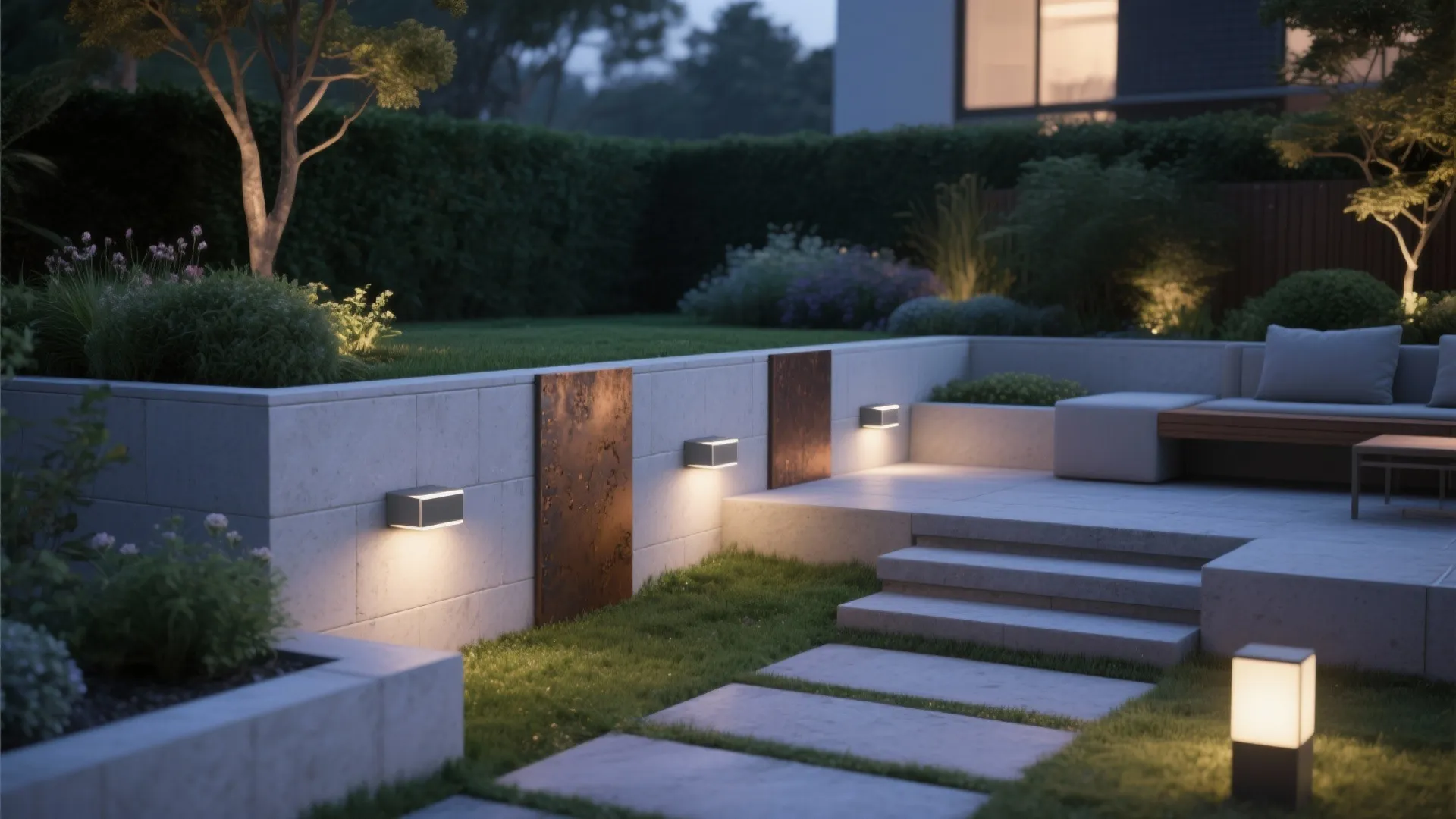 Modern backyard patio featuring wall lights along stone planters and steps with comfortable outdoor seating area