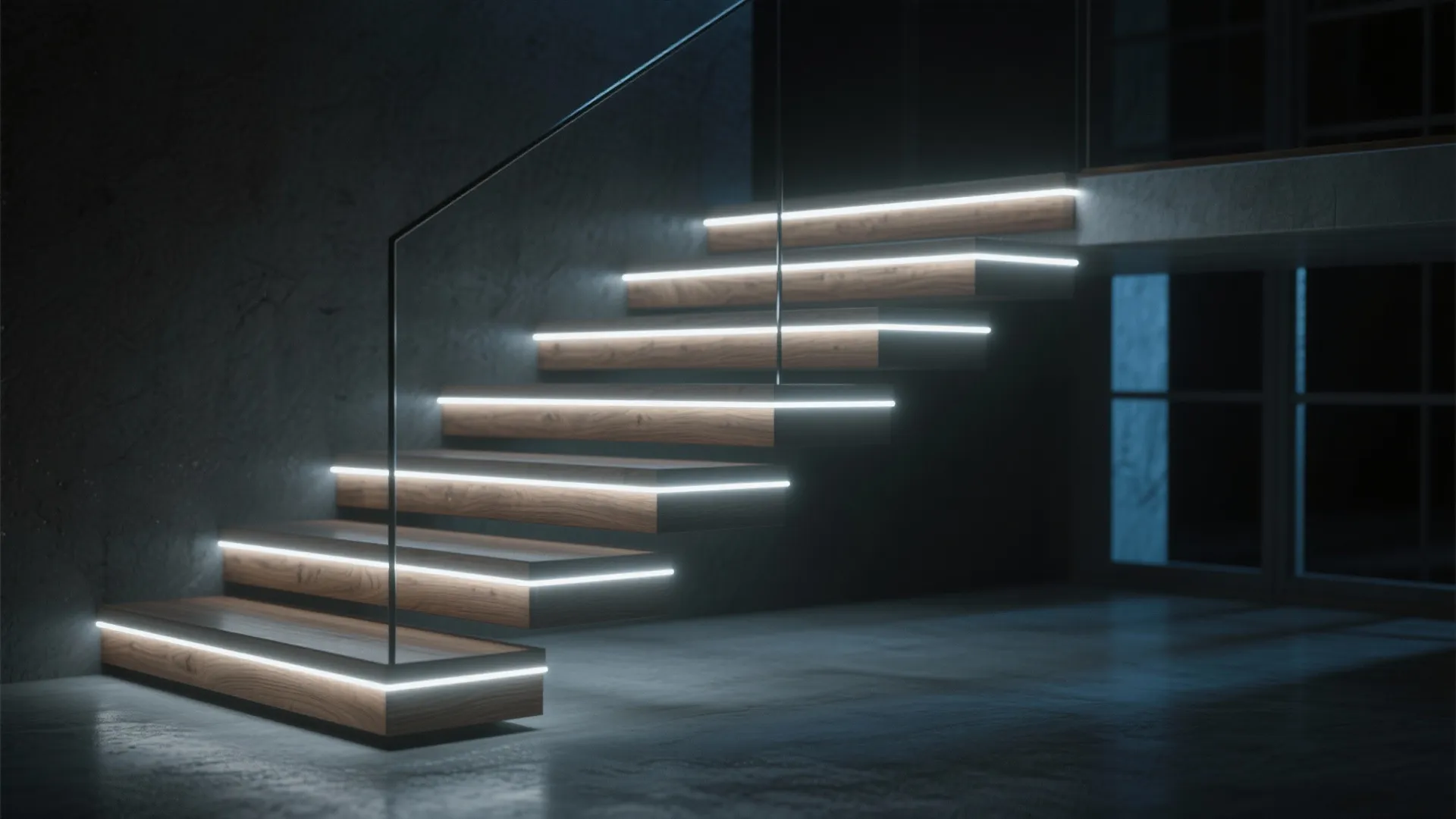 Floating staircase at night with step-nosing lights defining each tread edge.