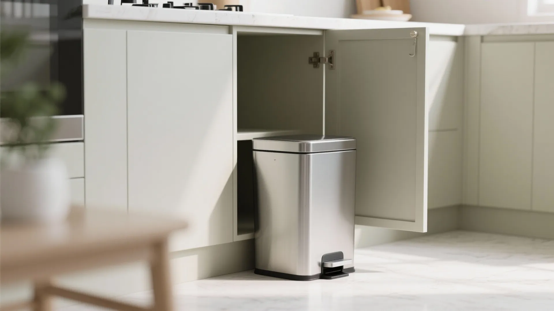 Step-on trash bin concealed behind matching cabinet flap