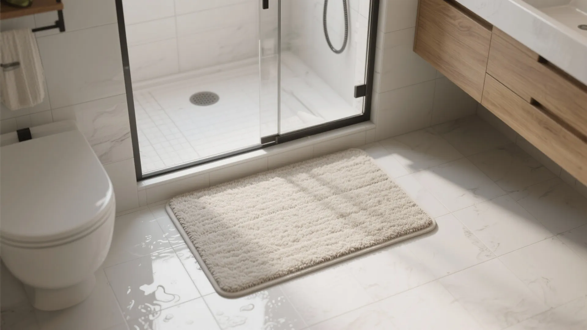 1. The Step-Out Mat — Centered at the Shower or Tub