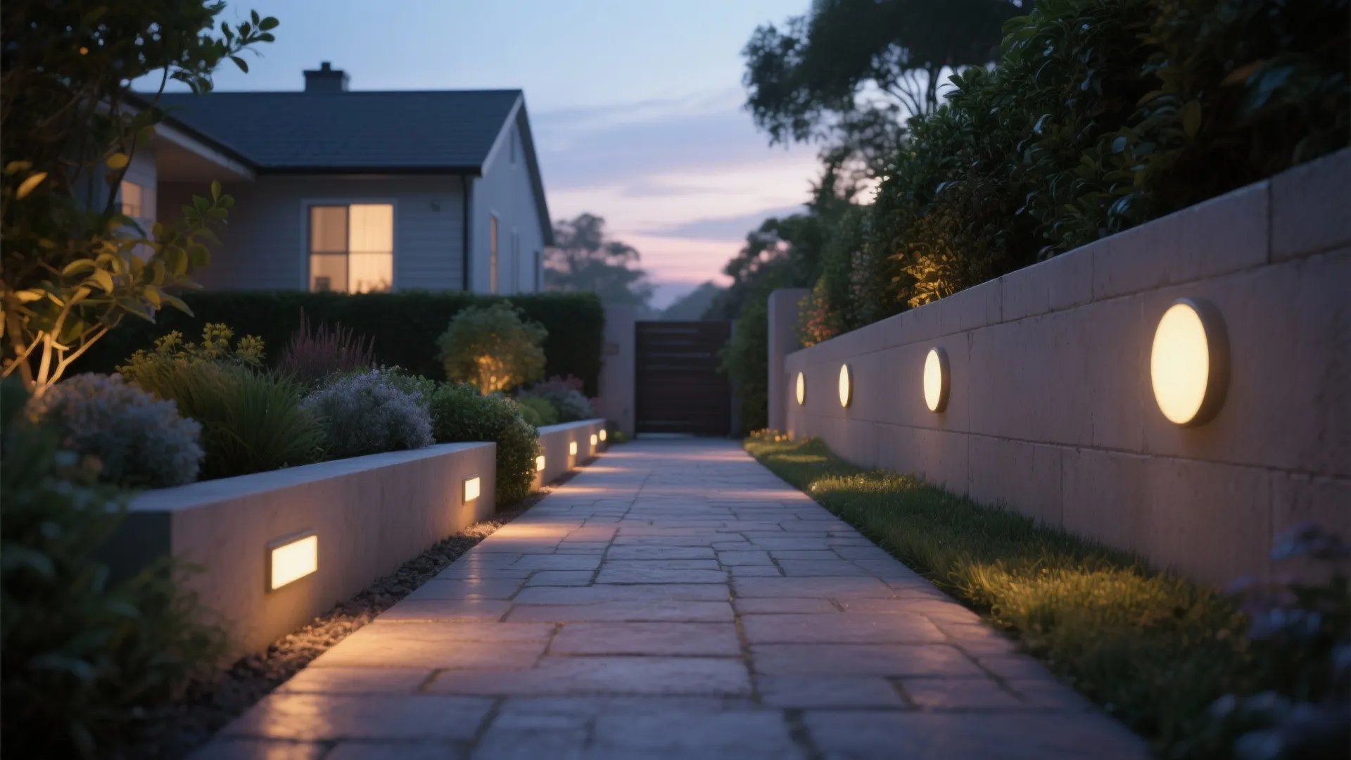Garden stone walkway at dusk with round wall lights and square ground lights near bushes