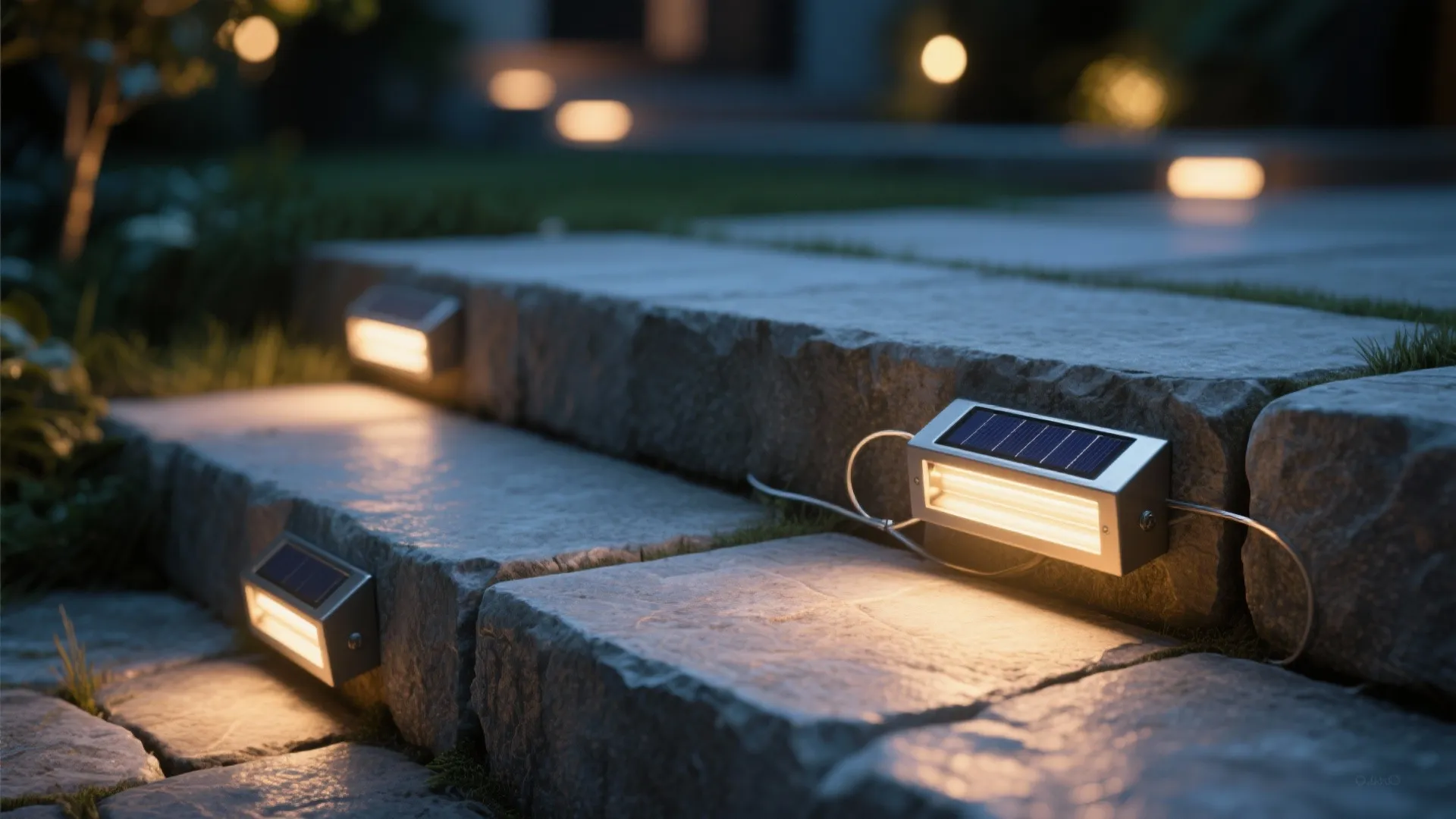 Close up of small solar light fixtures installed on stone outdoor stairs in a backyard garden