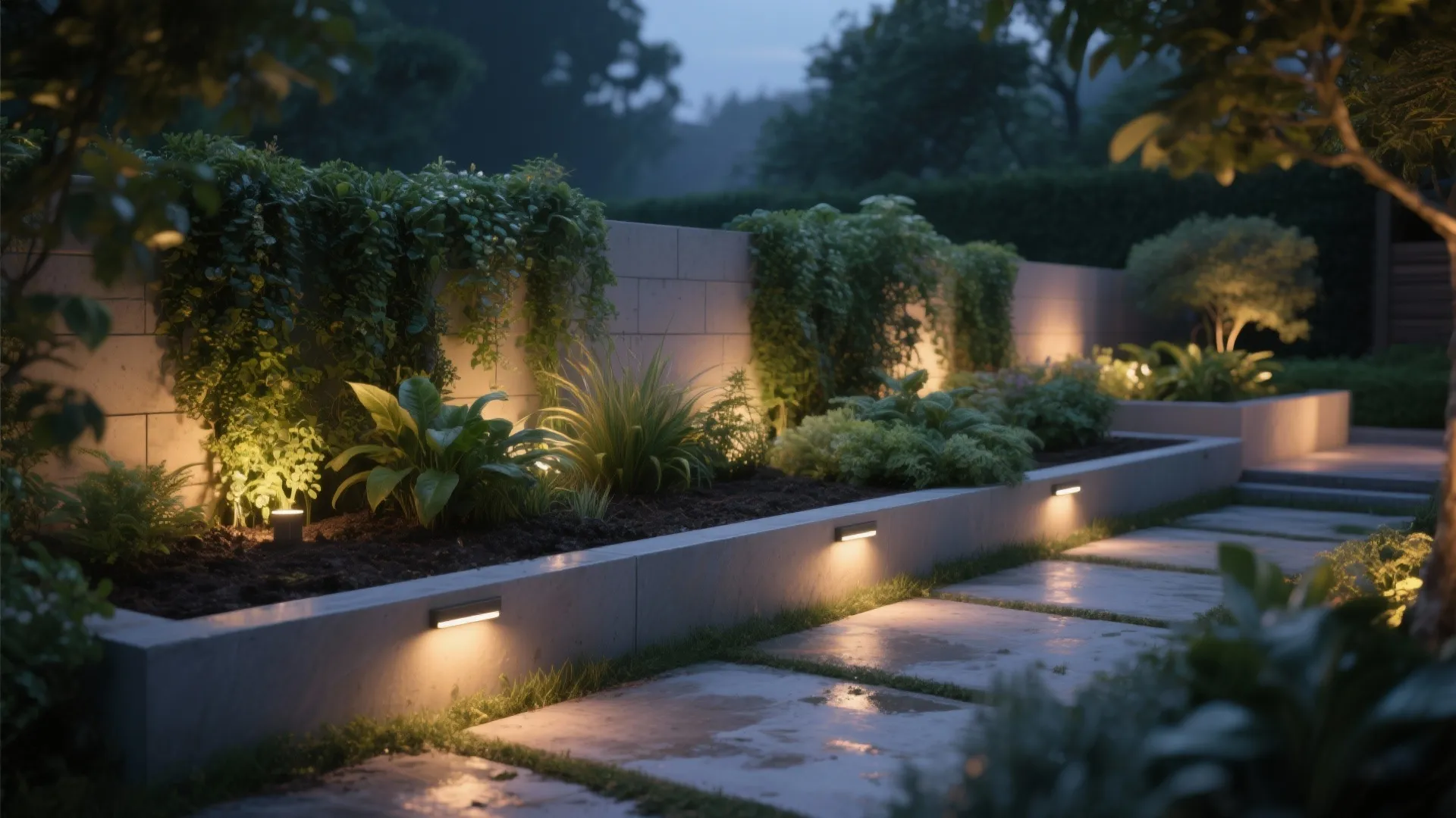 Modern garden stone path with wall lights illuminating green plants and bushes at evening time