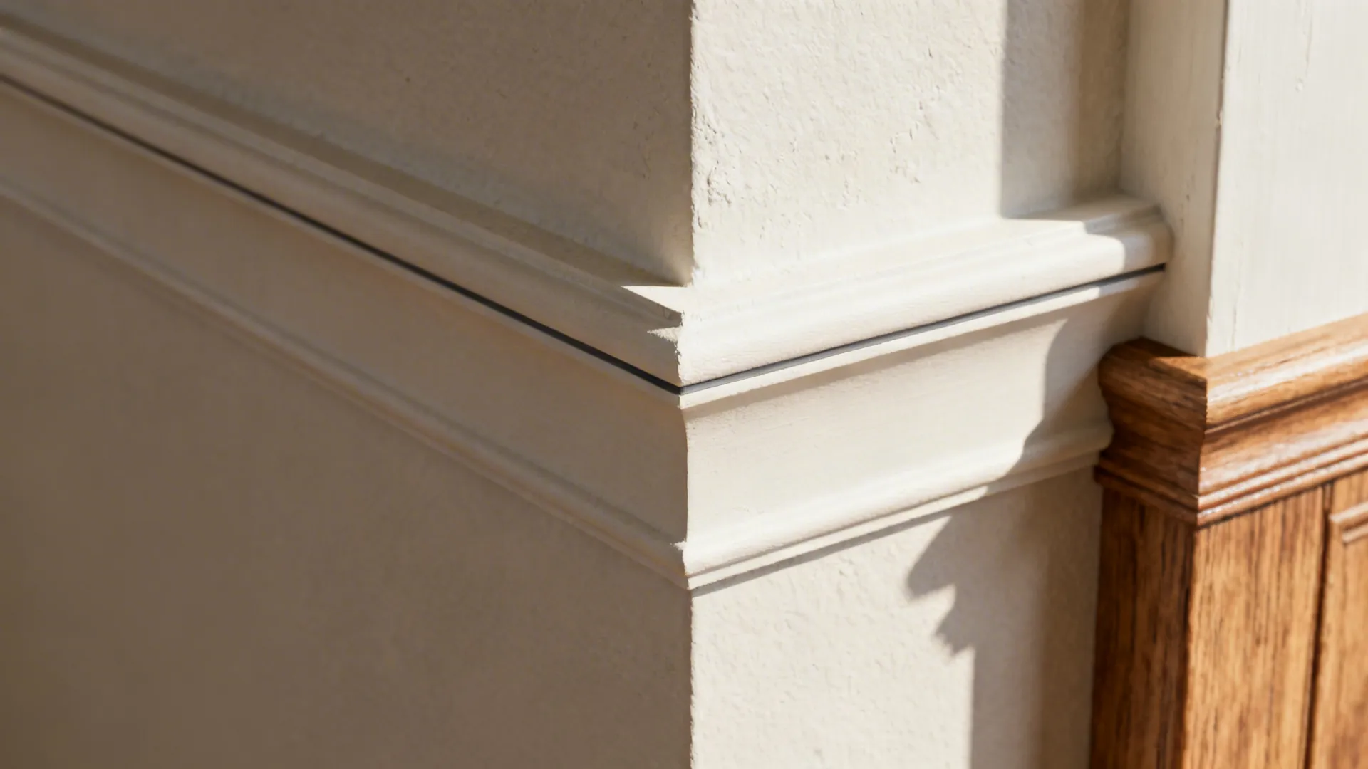 Macro of a gypsum ceiling step with a crisp micro-reveal casting a clean shadow line.