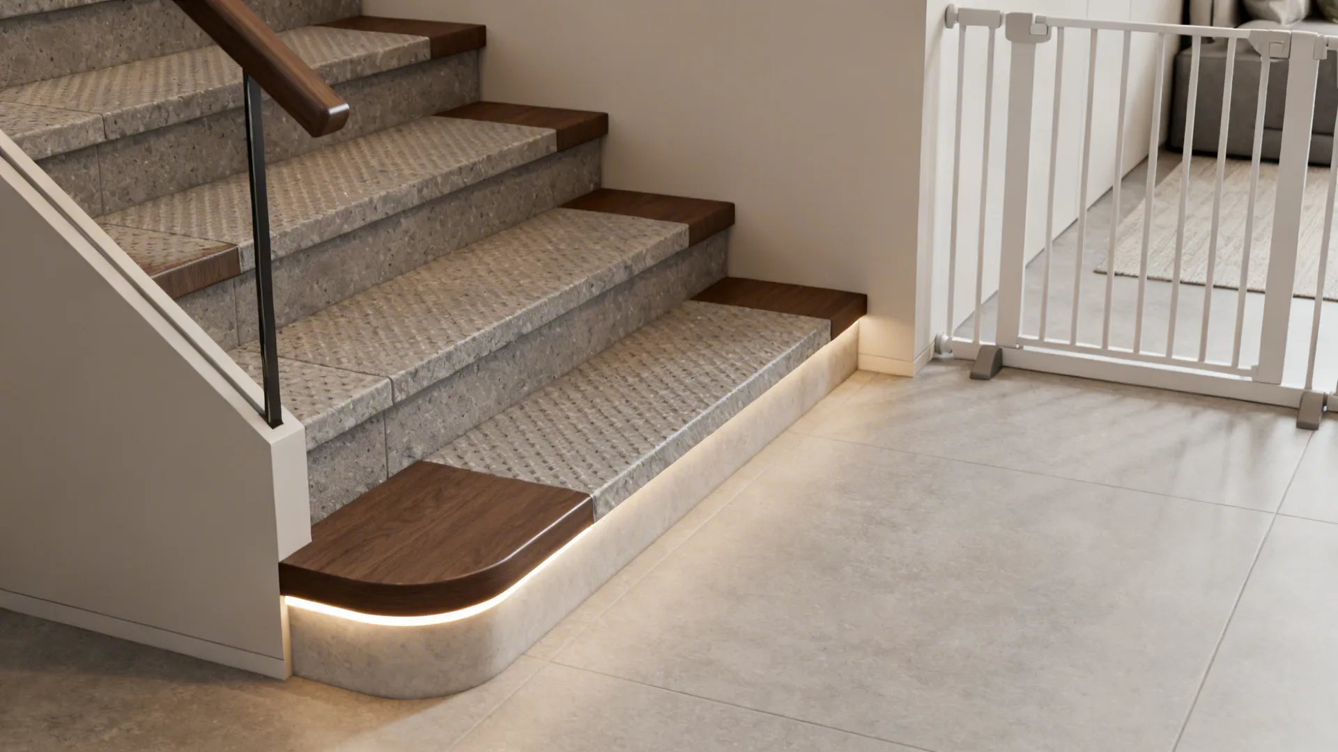 Step safety details including non-slip tread, contrasting nosing, handrail and LED step lighting.