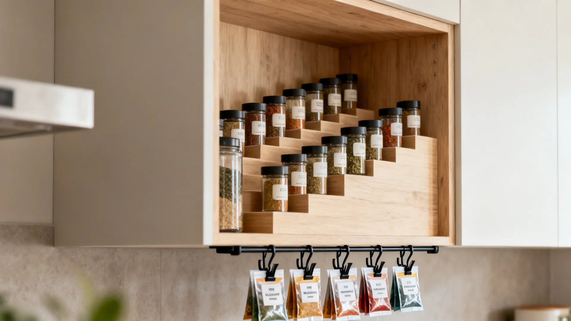Wooden kitchen cabinet with tiered spice jars and small seasoning packets hanging on a metal rod