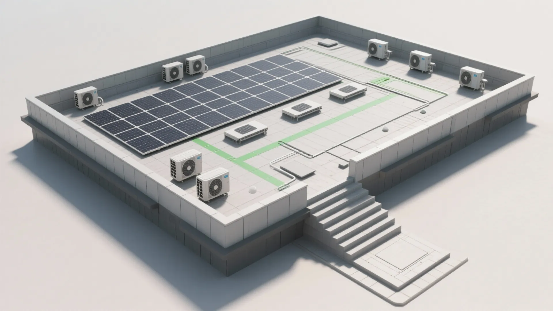Rooftop design showing solar panels and multiple air conditioning units on a clean white flat roof